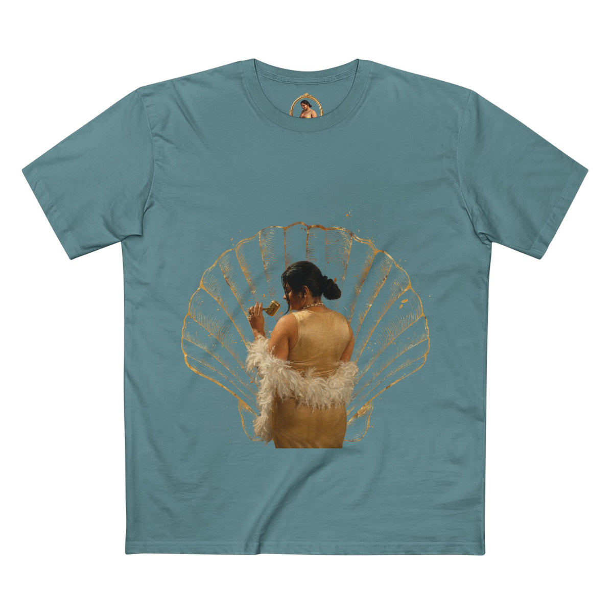 Drashti Vintage Vanity Tee — Antique Mirror & Shell Art Graphic T-Shirt