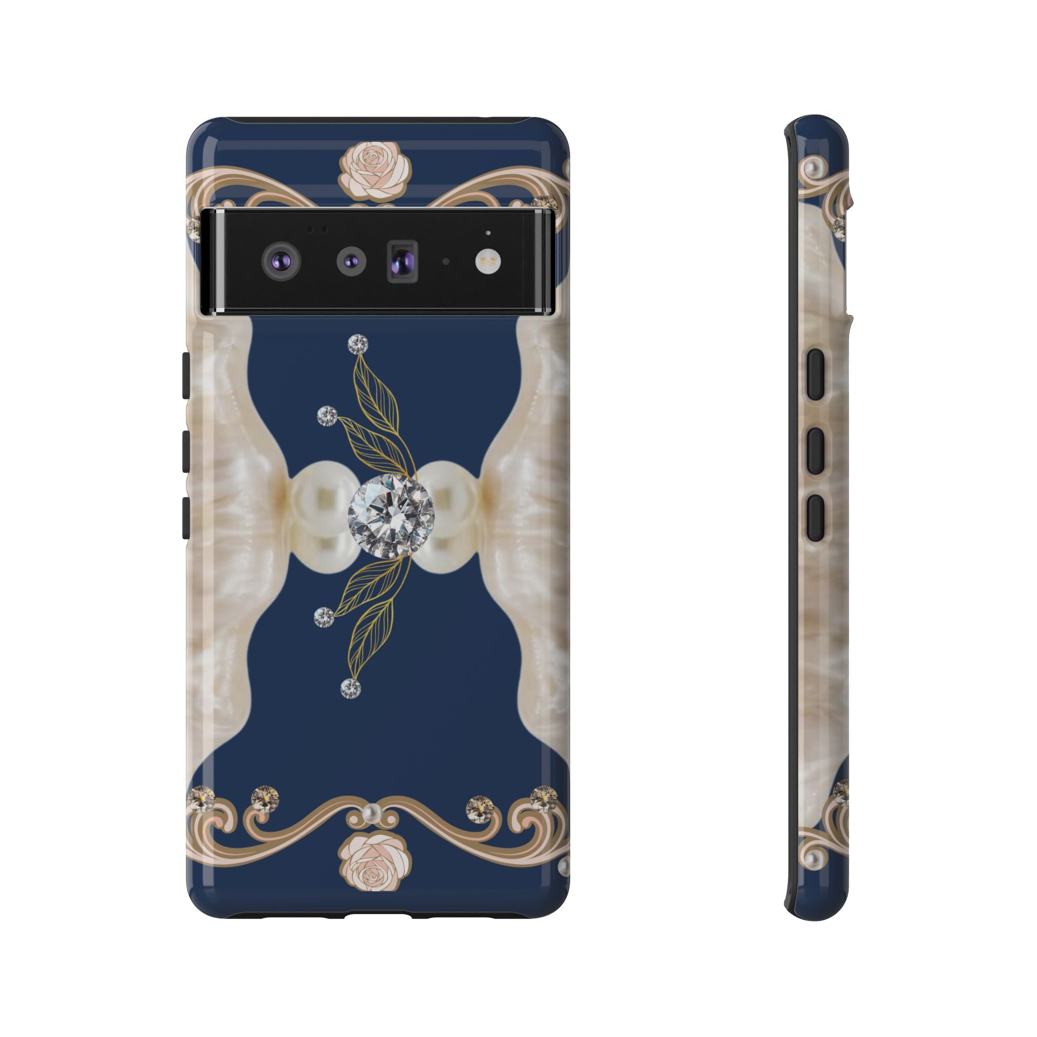 Navy Pearl & Diamond Phone Case — Elegant Floral Baroque Tough Case