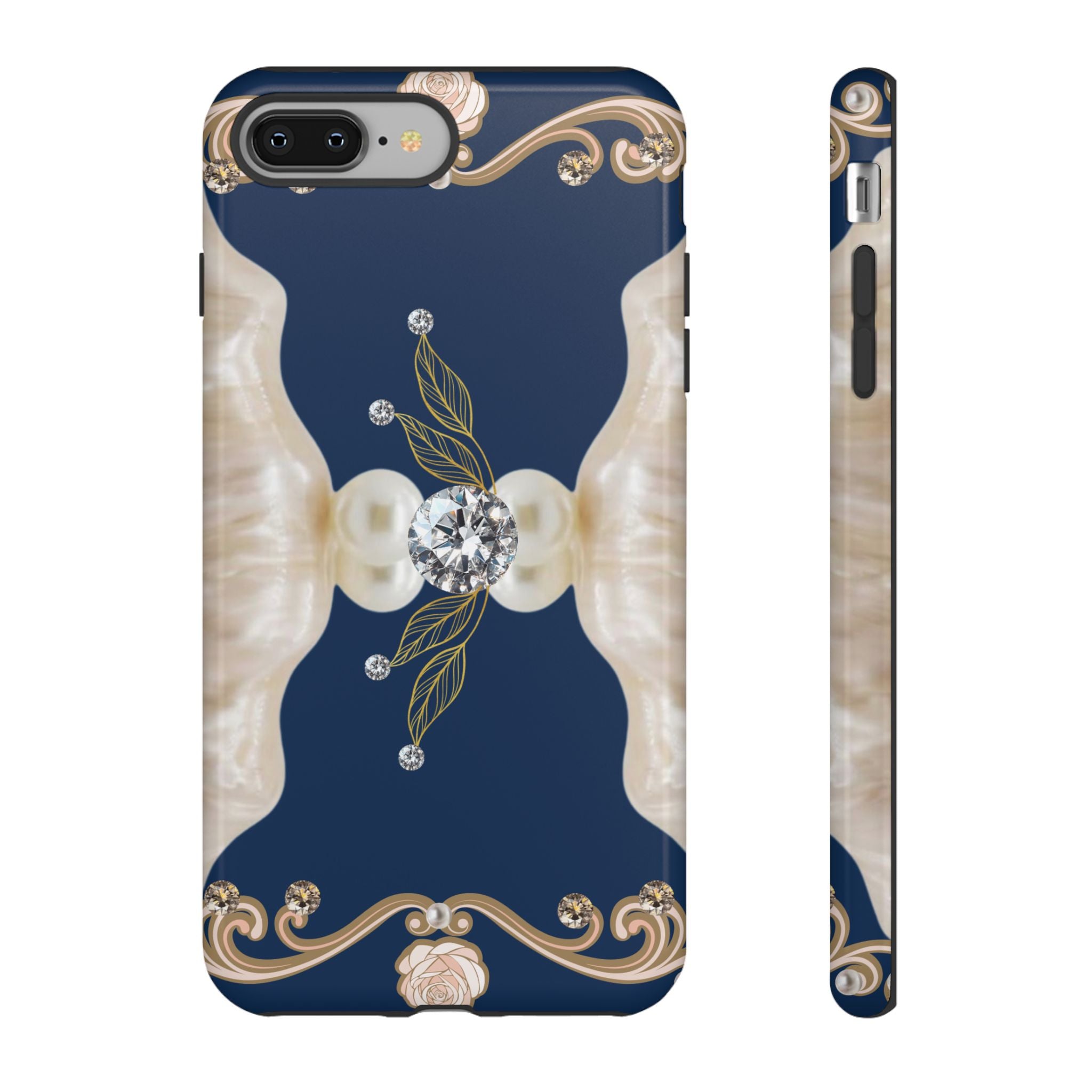 Navy Pearl & Diamond Phone Case — Elegant Floral Baroque Tough Case