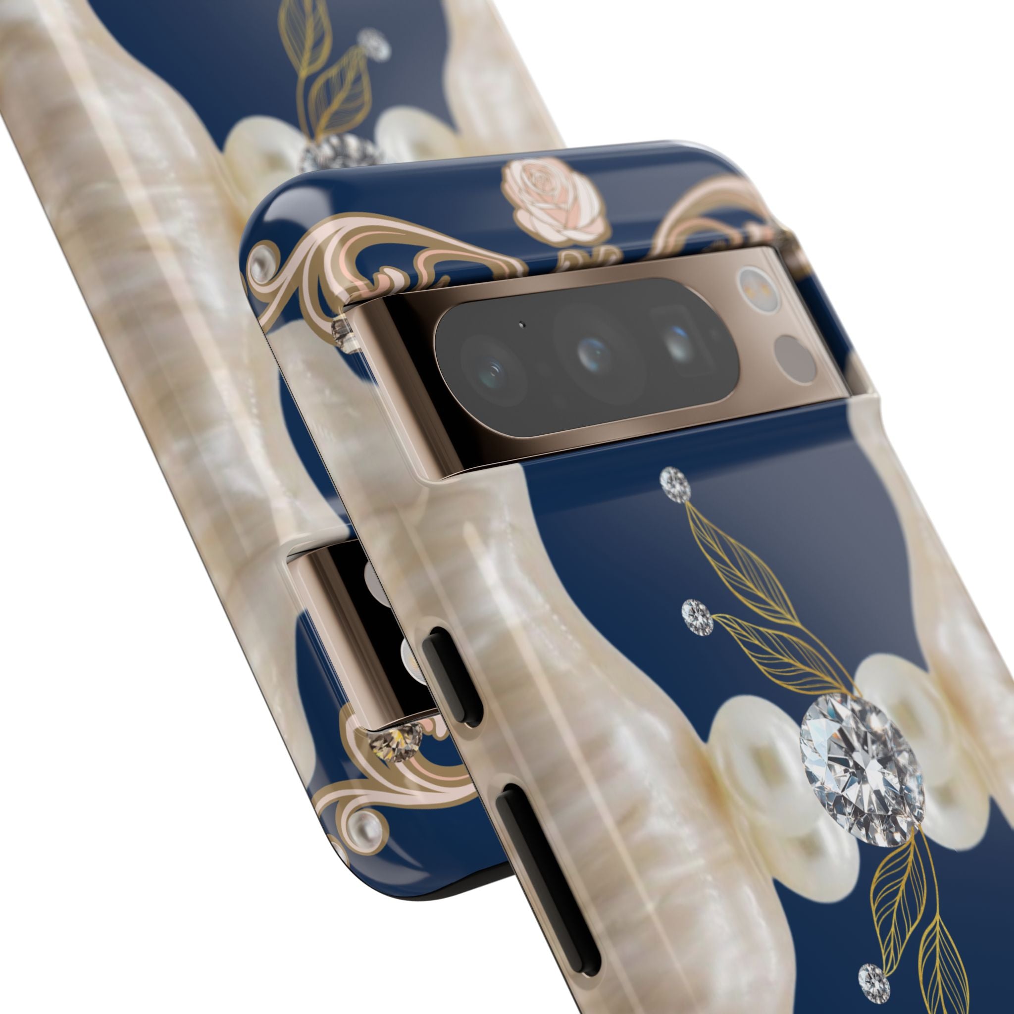 Navy Pearl & Diamond Phone Case — Elegant Floral Baroque Tough Case