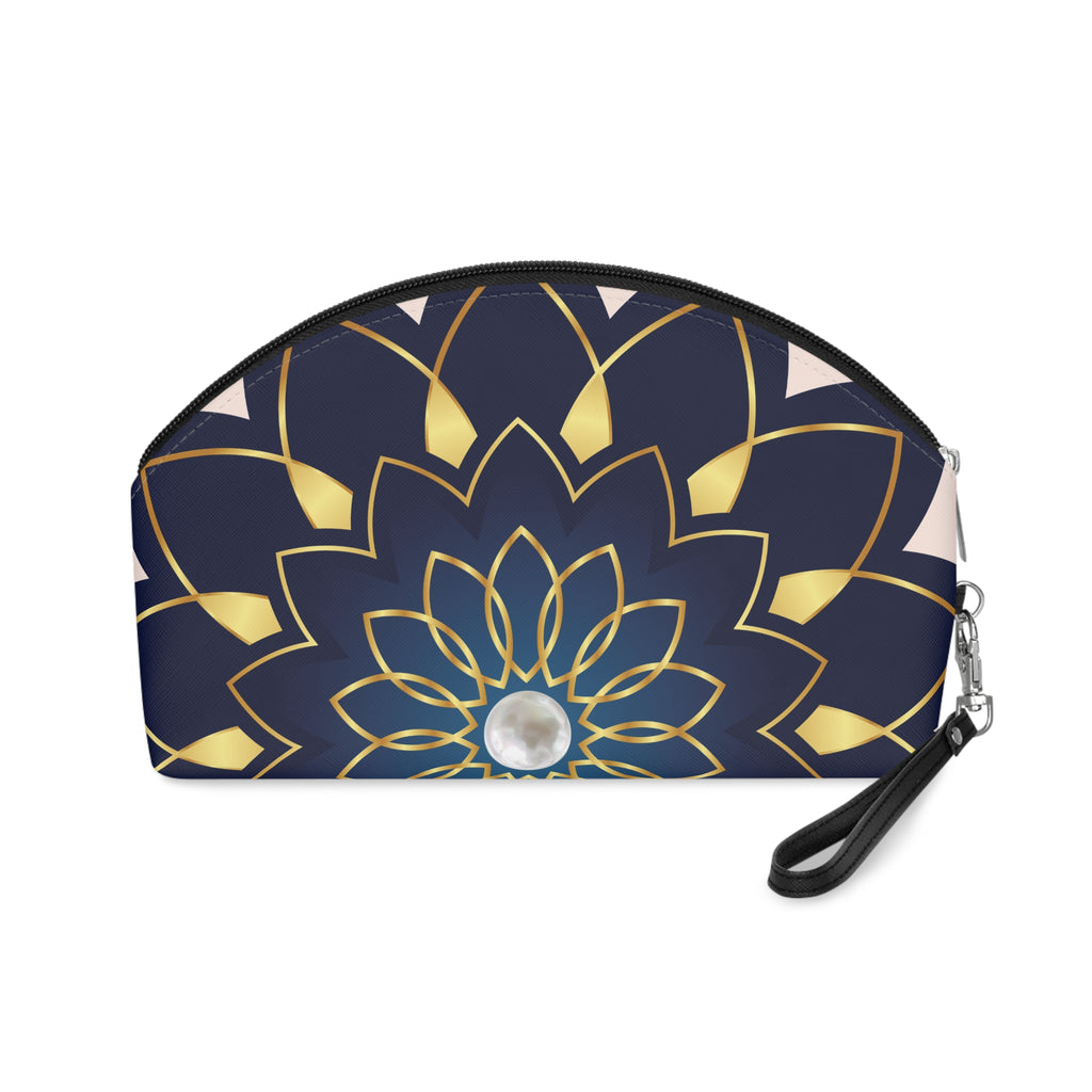 Navy & Gold Lotus Makeup Bag — Elegant Floral Cosmetic Pouch with Pearl Detail
