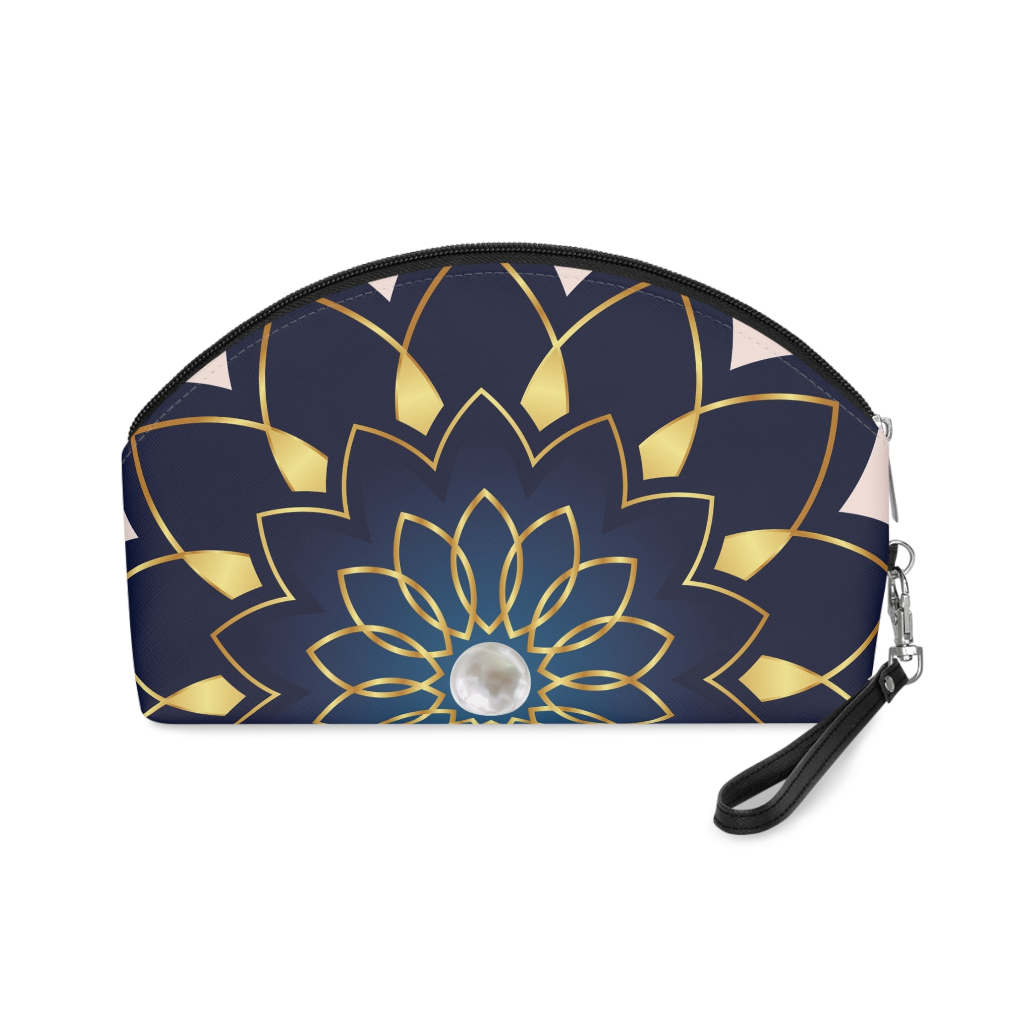 Navy & Gold Lotus Makeup Bag — Elegant Floral Cosmetic Pouch with Pearl Detail