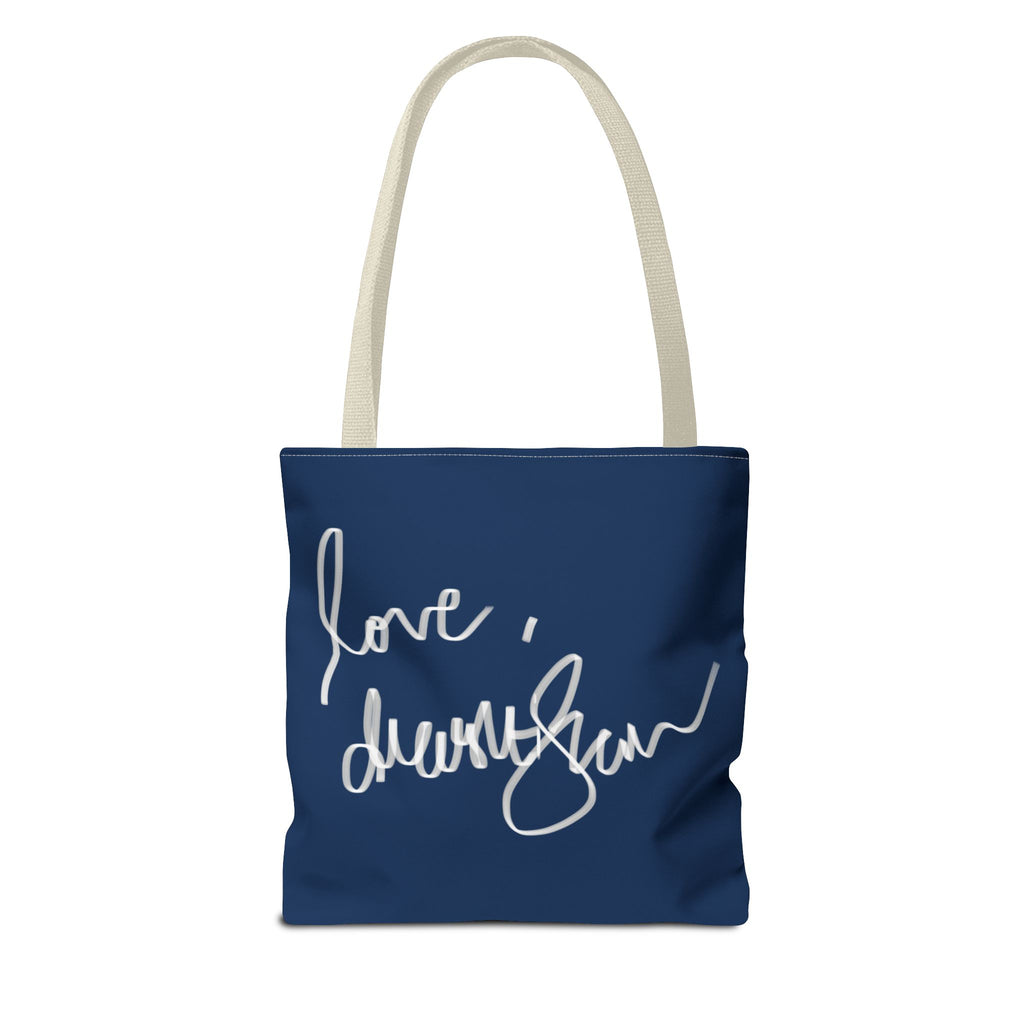 Mandala Floral Tote Bag — Navy 'Love, [Signature]' All-Over Print