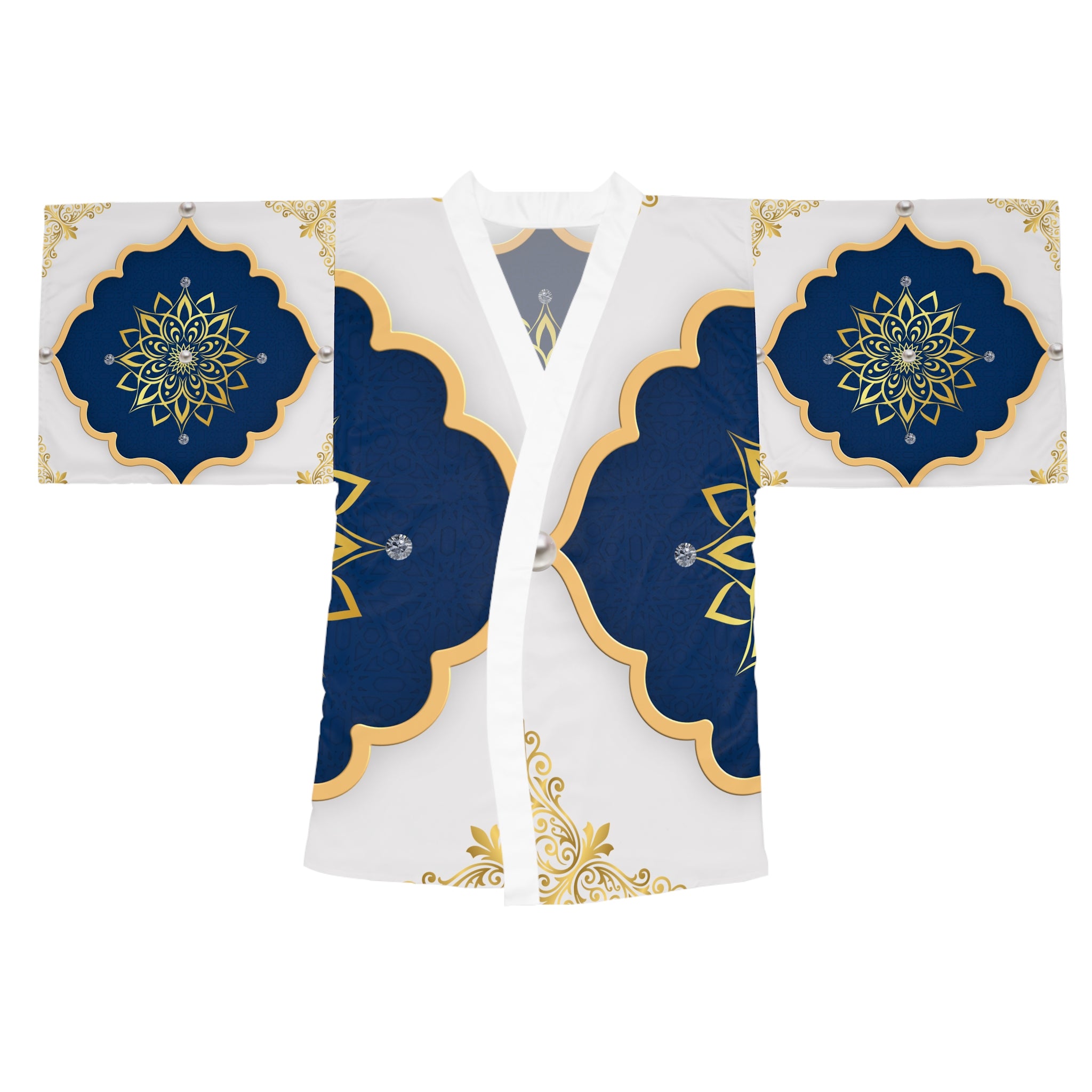 Navy & Gold Mandala Kimono Robe — Luxe Long-Sleeve Lounge Wrap
