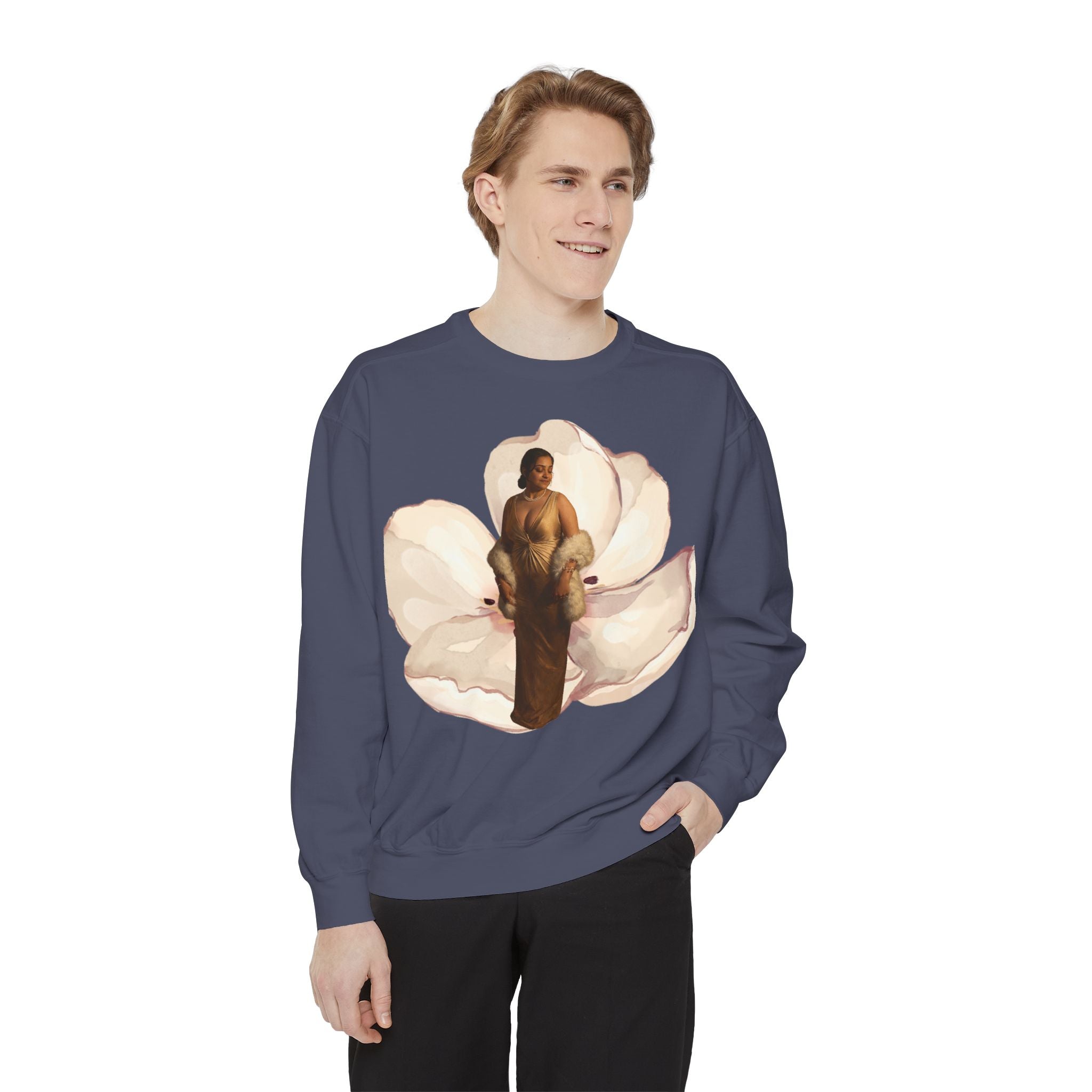 Floral Portrait Sweatshirt — Vintage Gold Frame Art Crewneck
