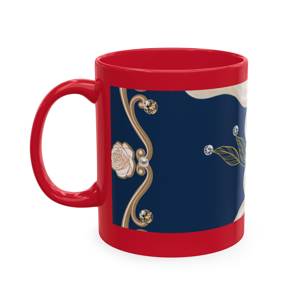 Pearl & Diamond Navy Ceramic Mug — Elegant Vintage Jewelry Design