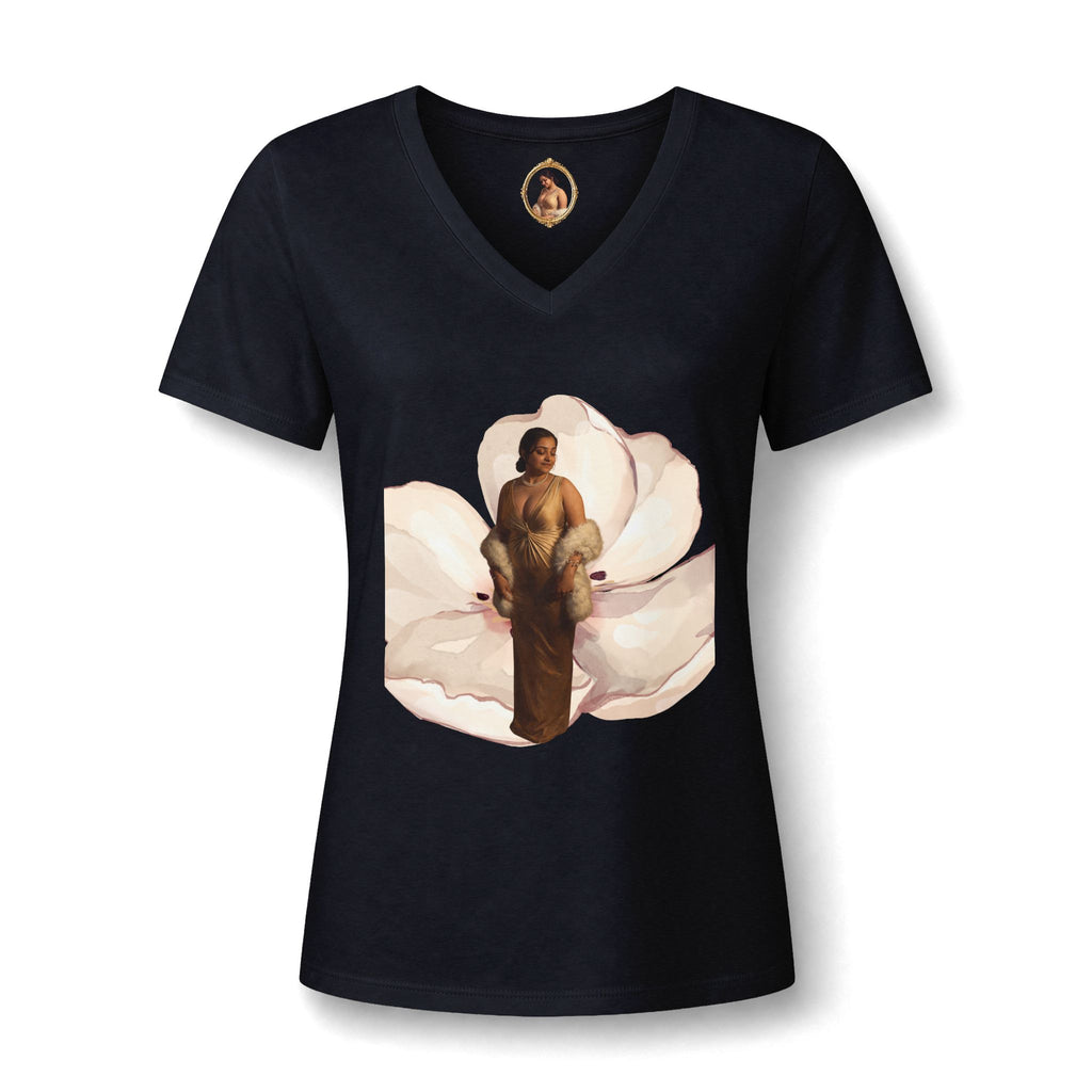 Floral Portrait V‑Neck Tee — Vintage Woman in Magnolia Print