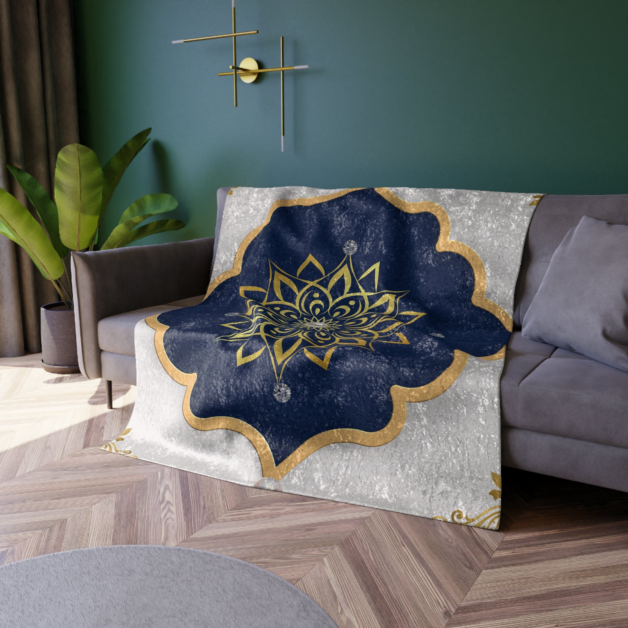 Crushed Velvet Blanket — Gold and Navy Mandala Throw (Luxurious Boho Decorative Blanket)