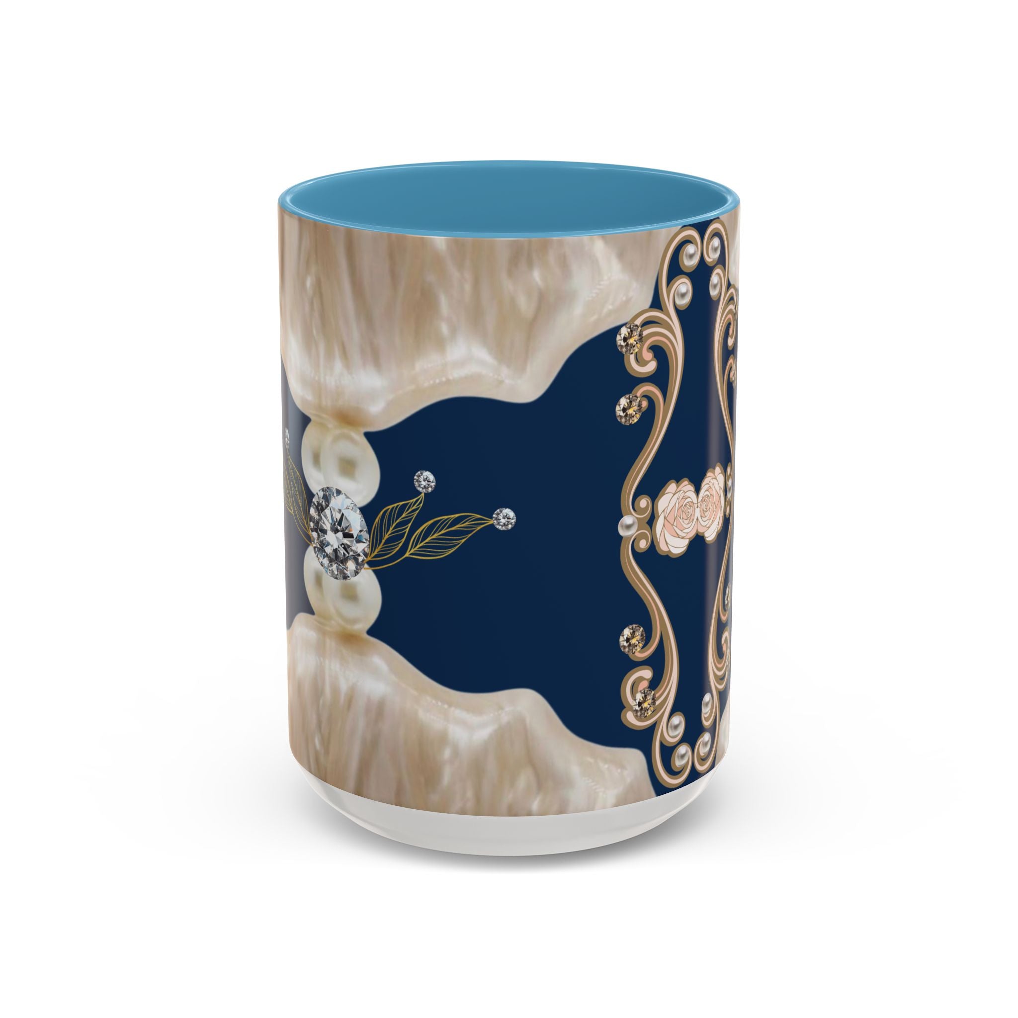 Elegant Navy Pearl Accent Coffee Mug - Vintage Baroque Floral Design (11/15oz)
