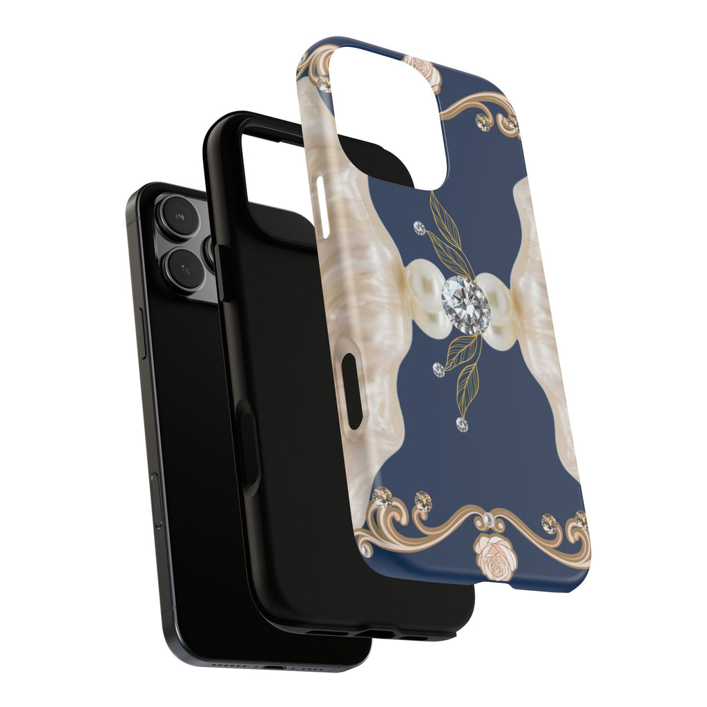 Navy Pearl & Diamond Phone Case — Elegant Floral Baroque Tough Case
