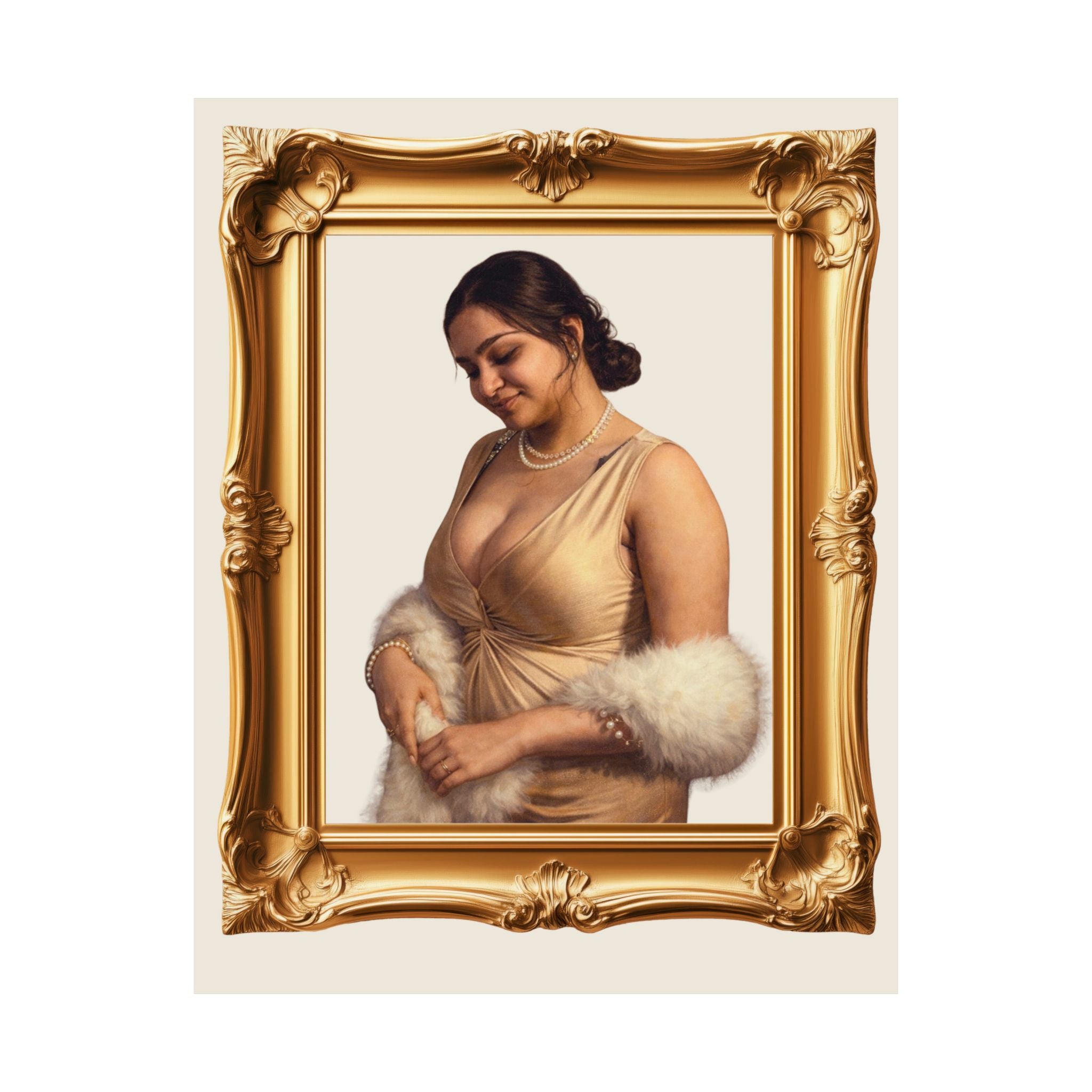 Vintage Portrait Satin Poster — Elegant Gold Frame Wall Art