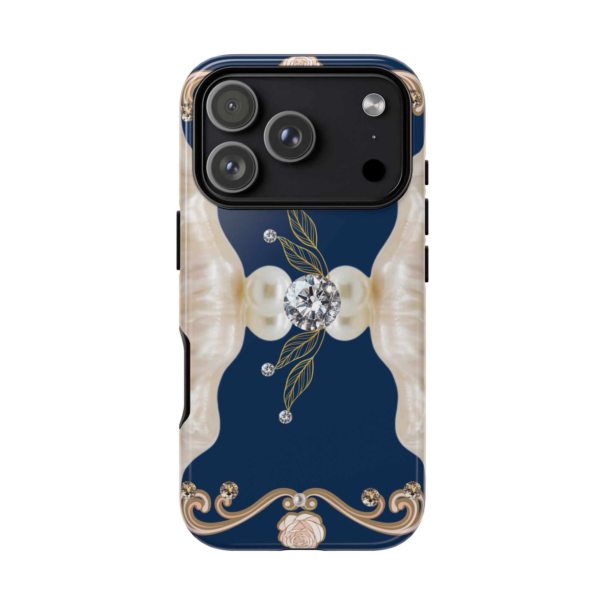 Navy Pearl & Diamond Phone Case — Elegant Floral Baroque Tough Case