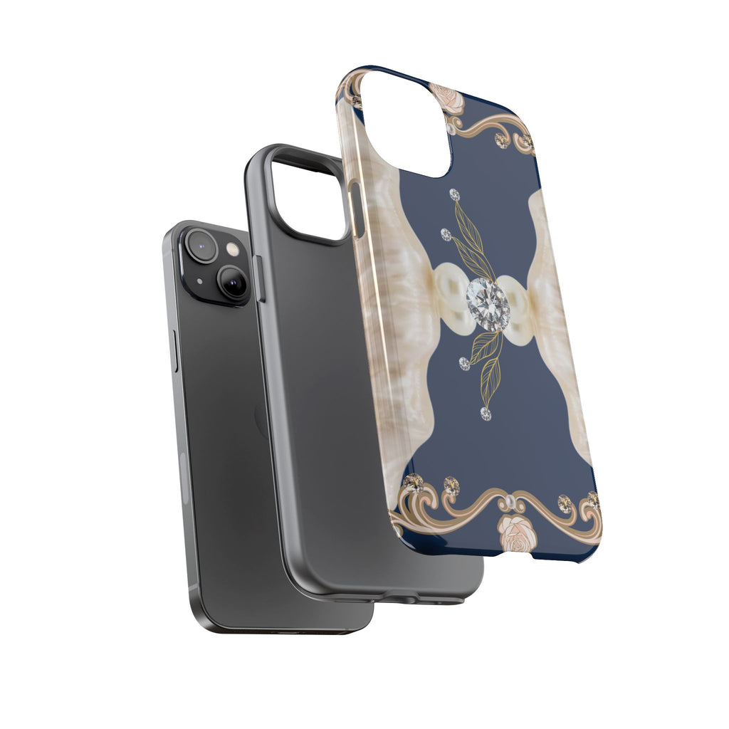 Navy Pearl & Diamond Phone Case — Elegant Floral Baroque Tough Case