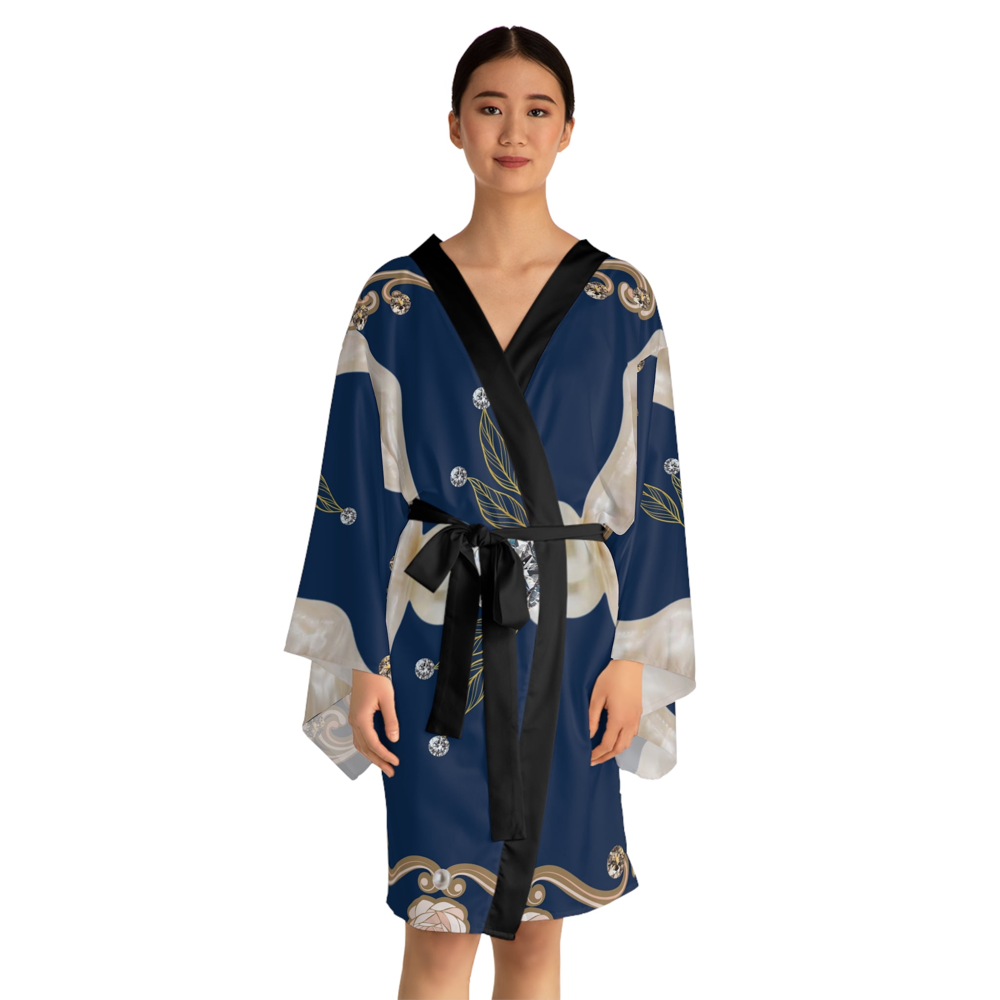 Silk-Style Navy Pearl & Diamond Kimono Robe — Luxe Floral Jewel Print