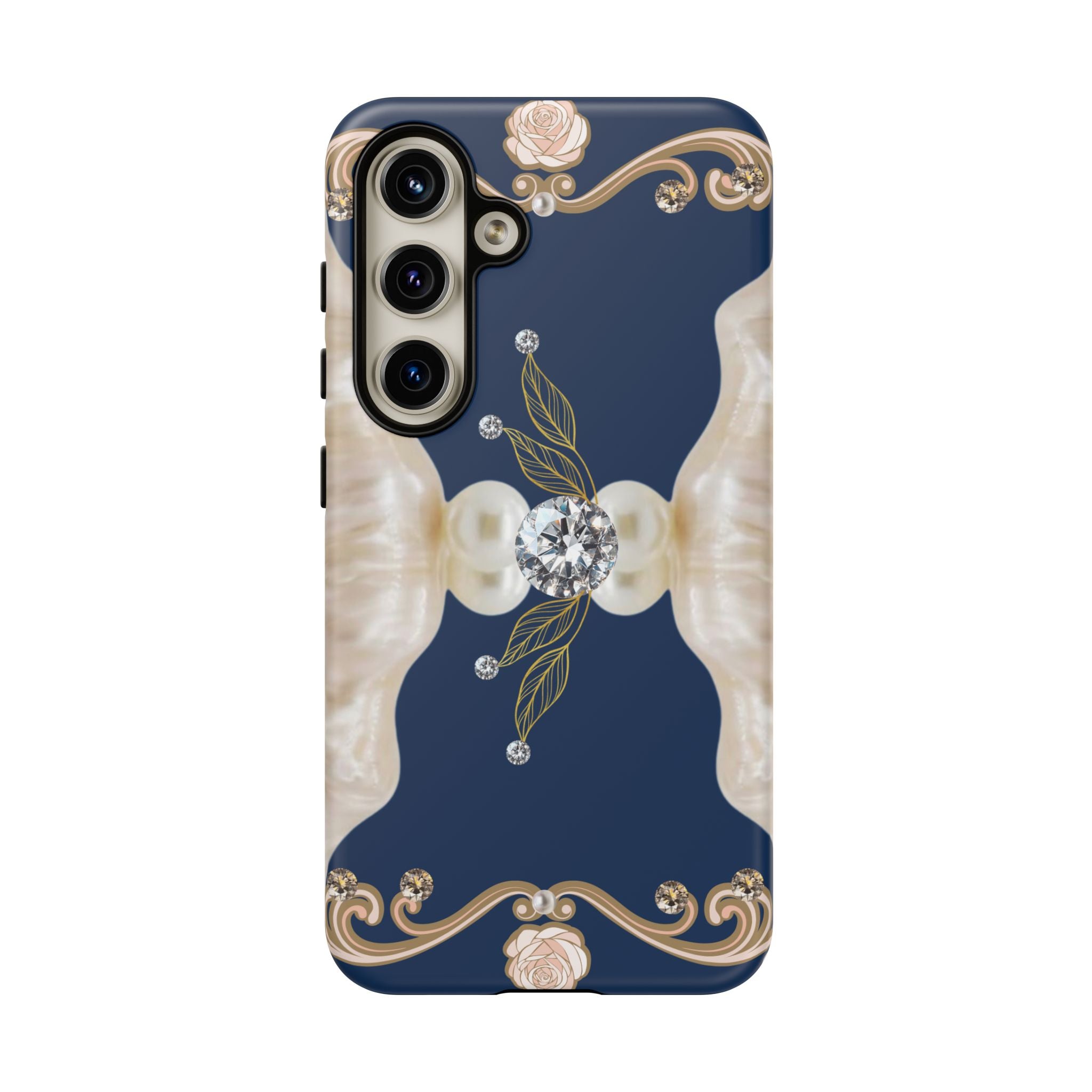 Navy Pearl & Diamond Phone Case — Elegant Floral Baroque Tough Case