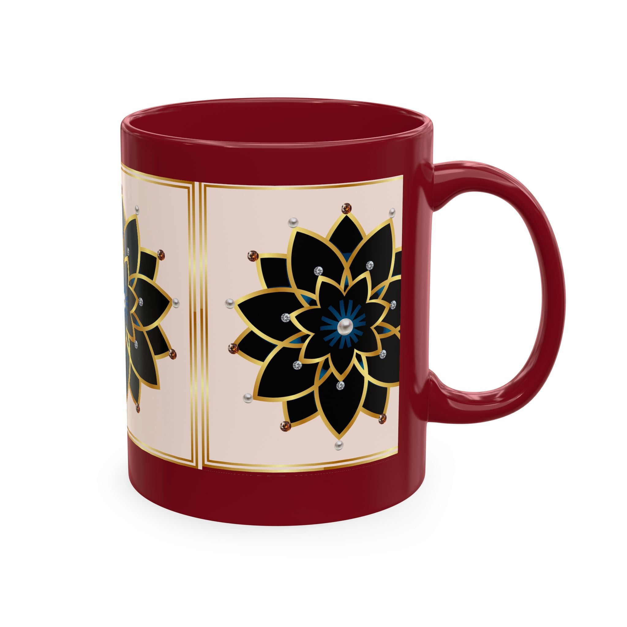 Ceramic Mug — Elegant Black & Gold Floral Mandala Design