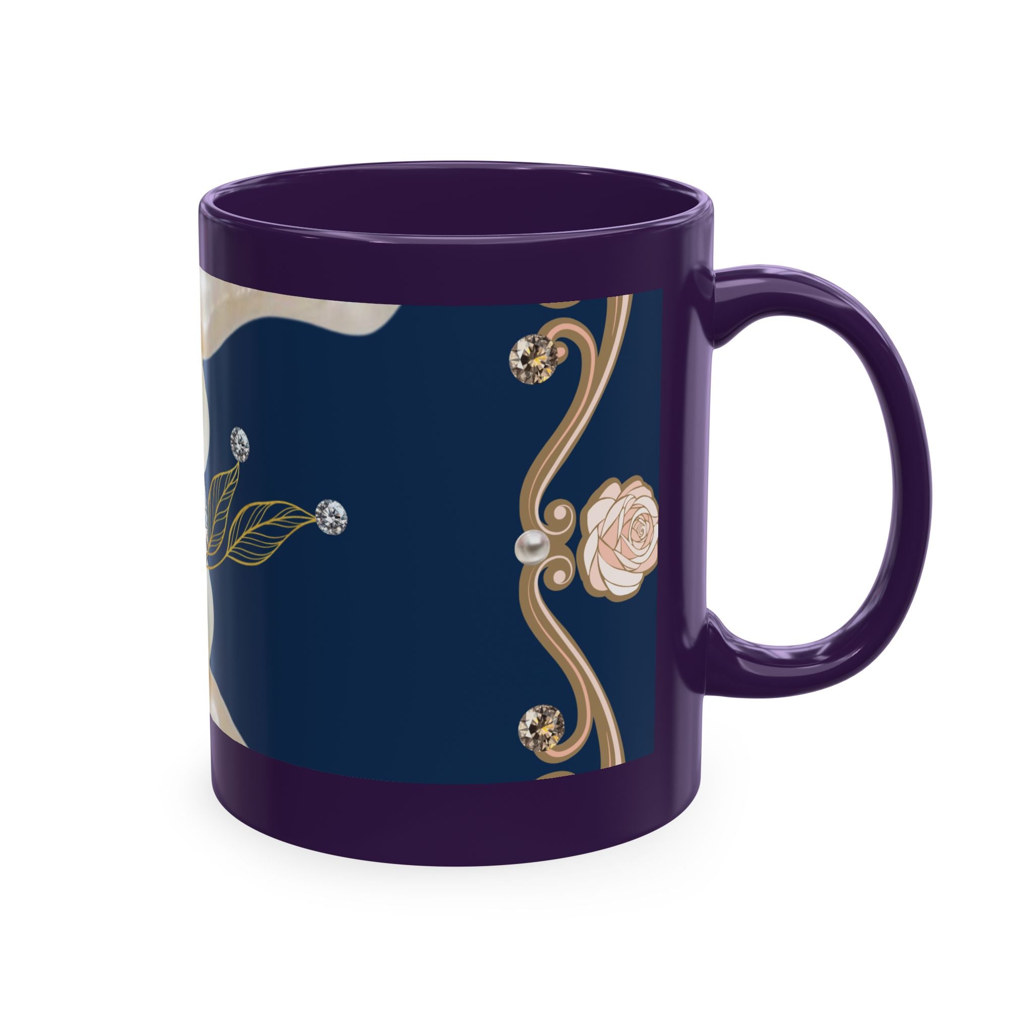 Pearl & Diamond Navy Ceramic Mug — Elegant Vintage Jewelry Design