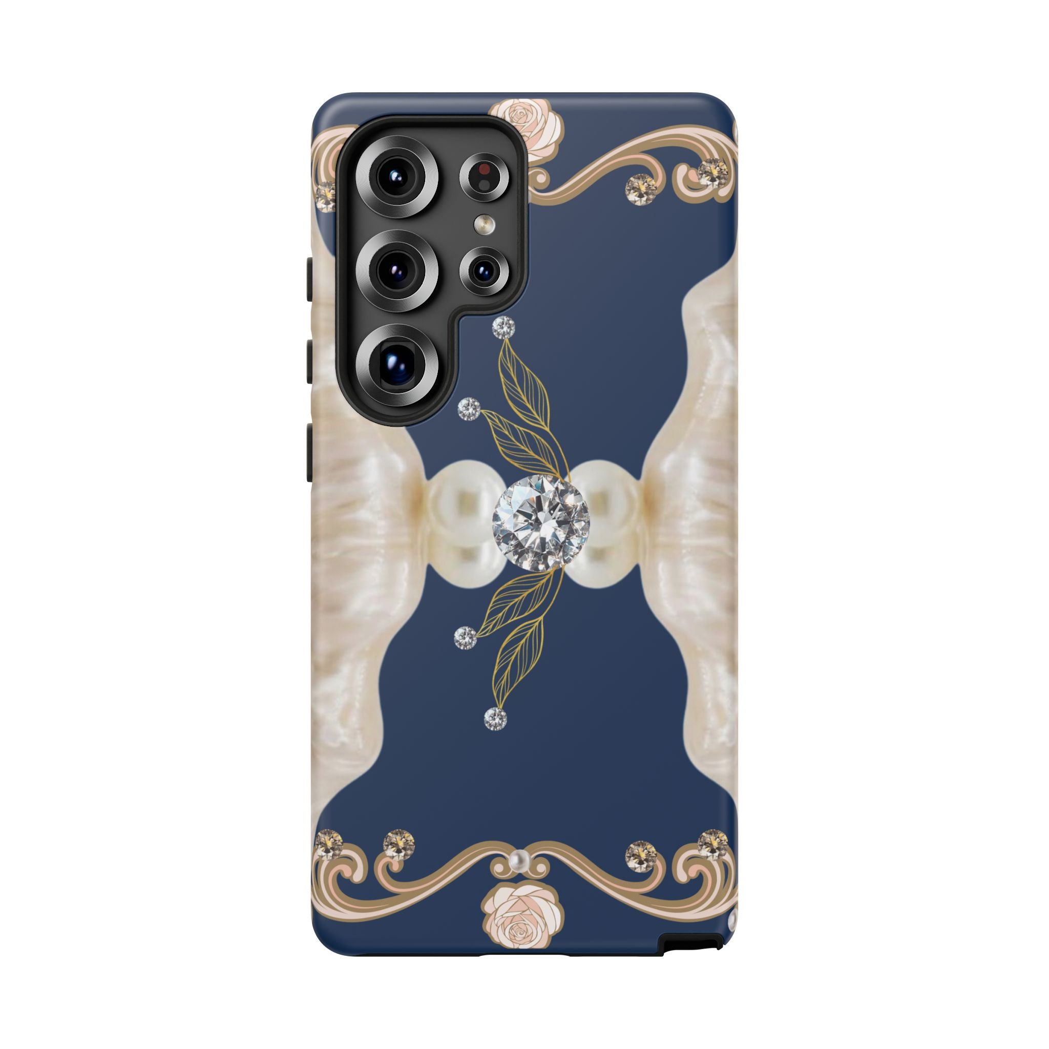 Navy Pearl & Diamond Phone Case — Elegant Floral Baroque Tough Case