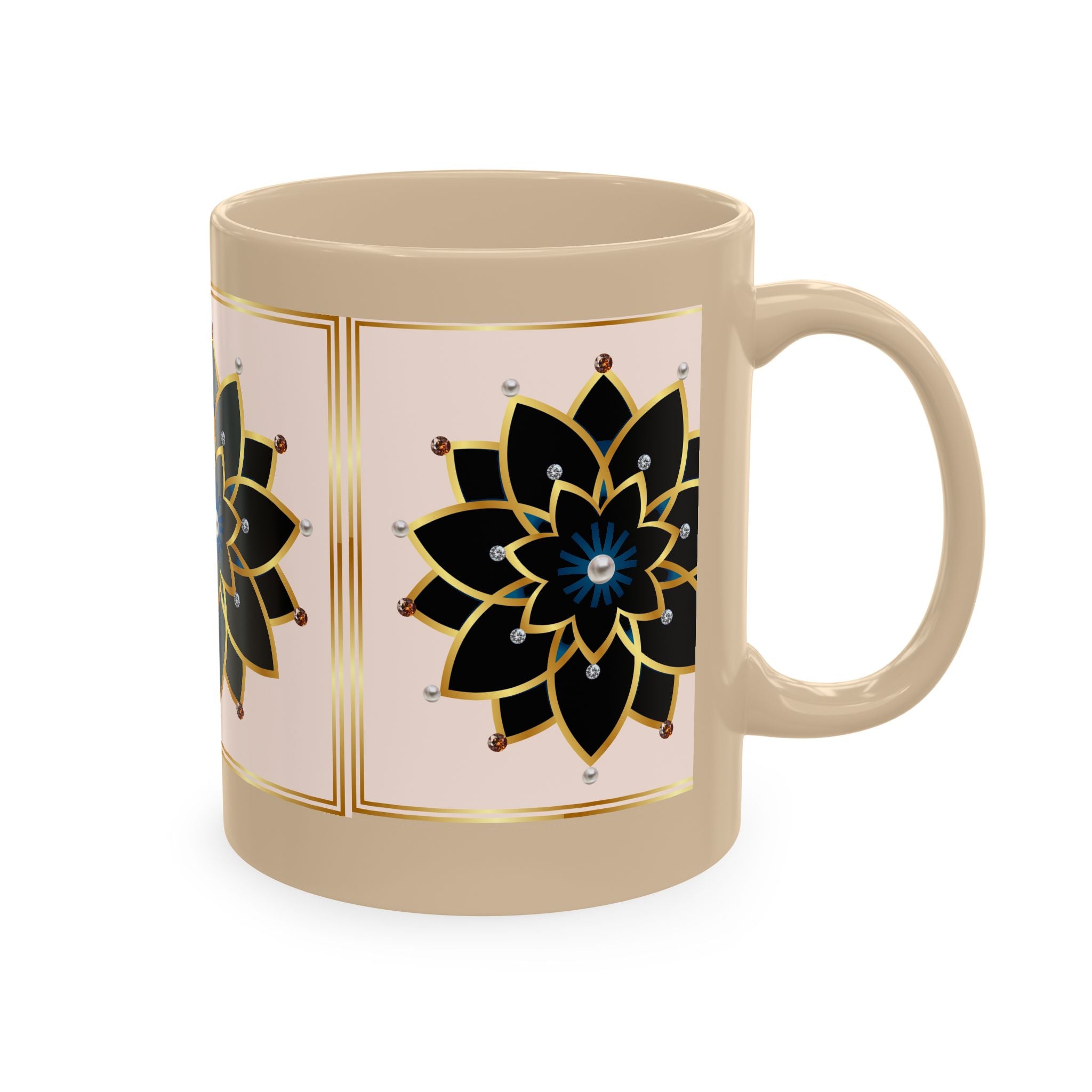 Ceramic Mug — Elegant Black & Gold Floral Mandala Design