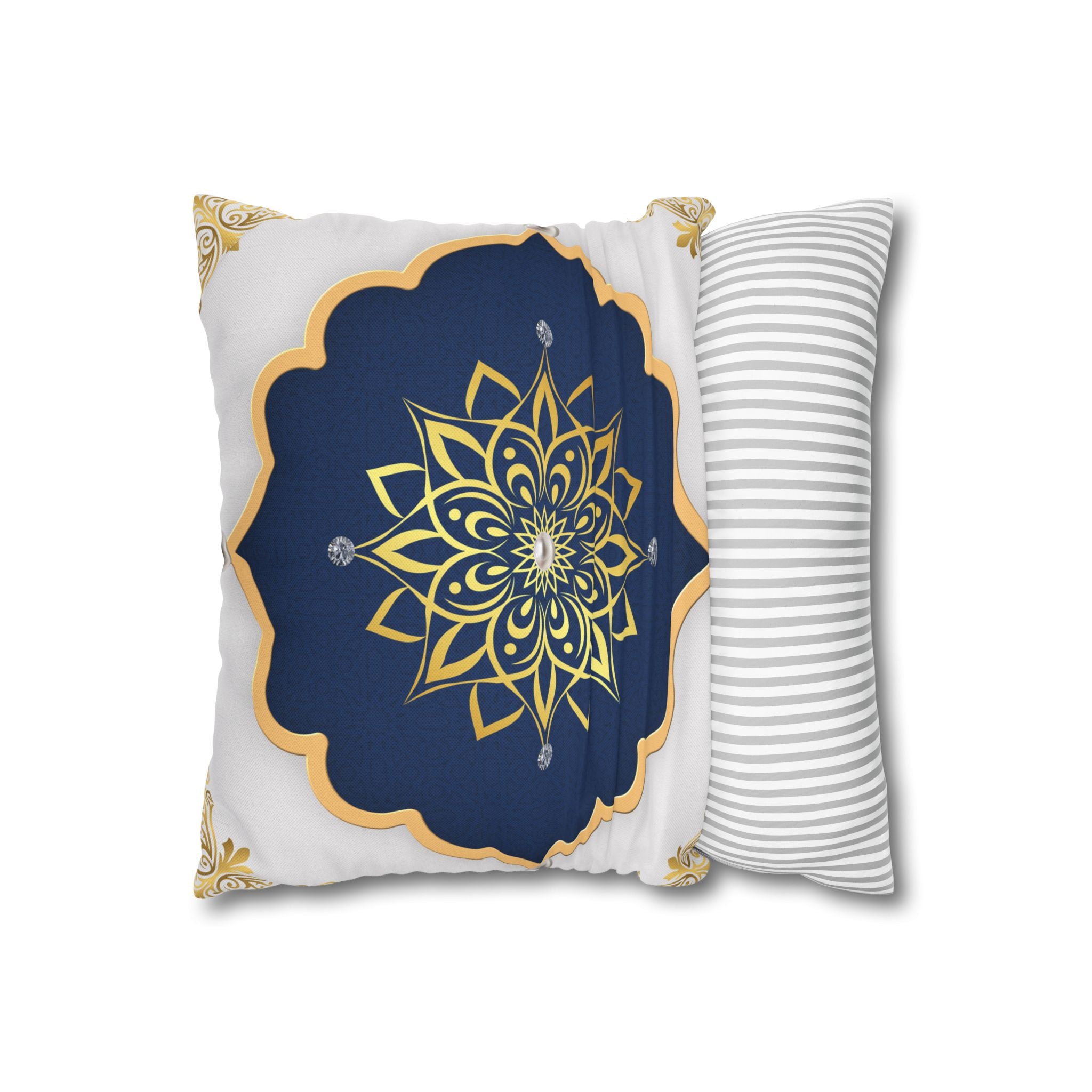 Gold & Navy Mandala Pillowcase — Decorative Square Throw Pillow Cover