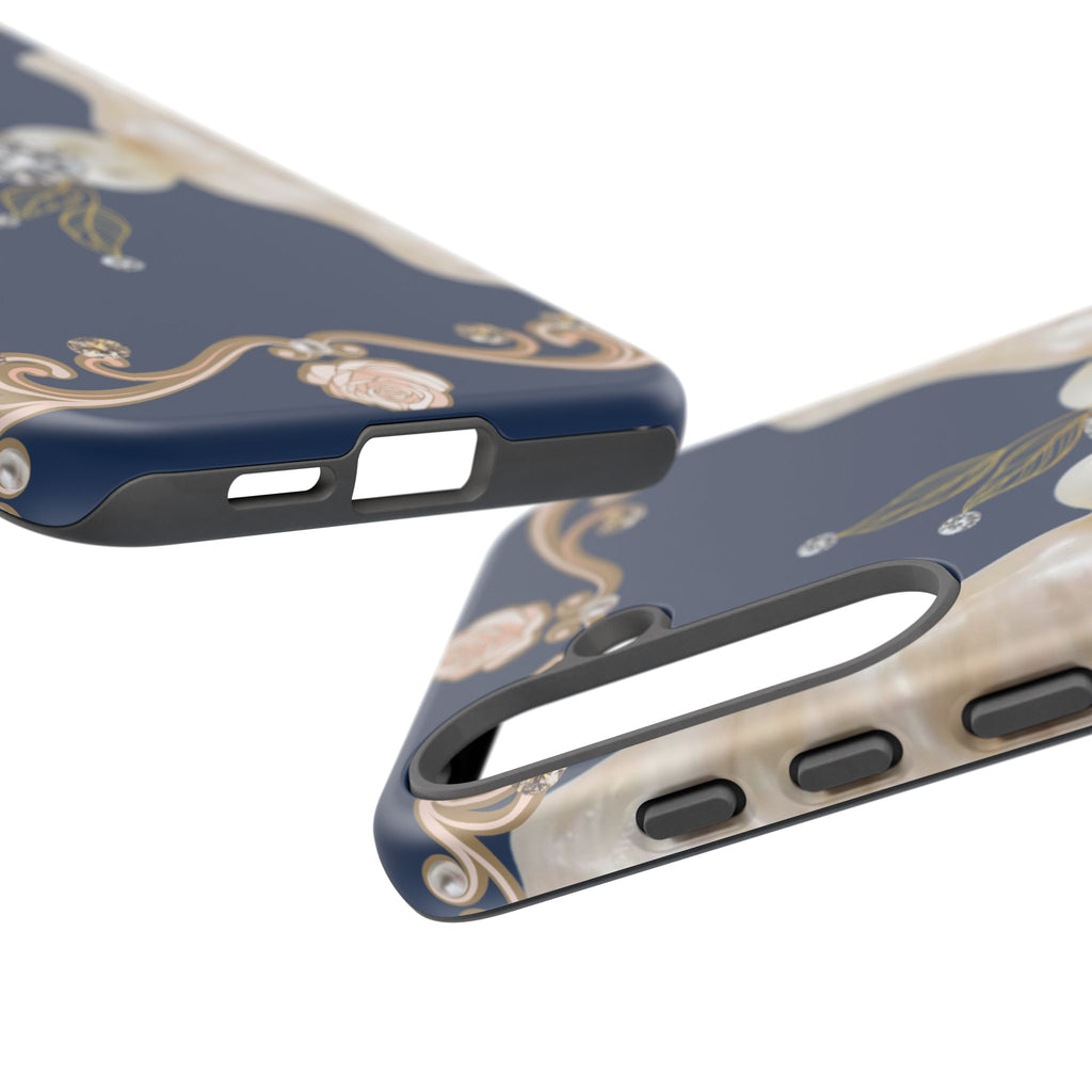 Navy Pearl & Diamond Phone Case — Elegant Floral Baroque Tough Case