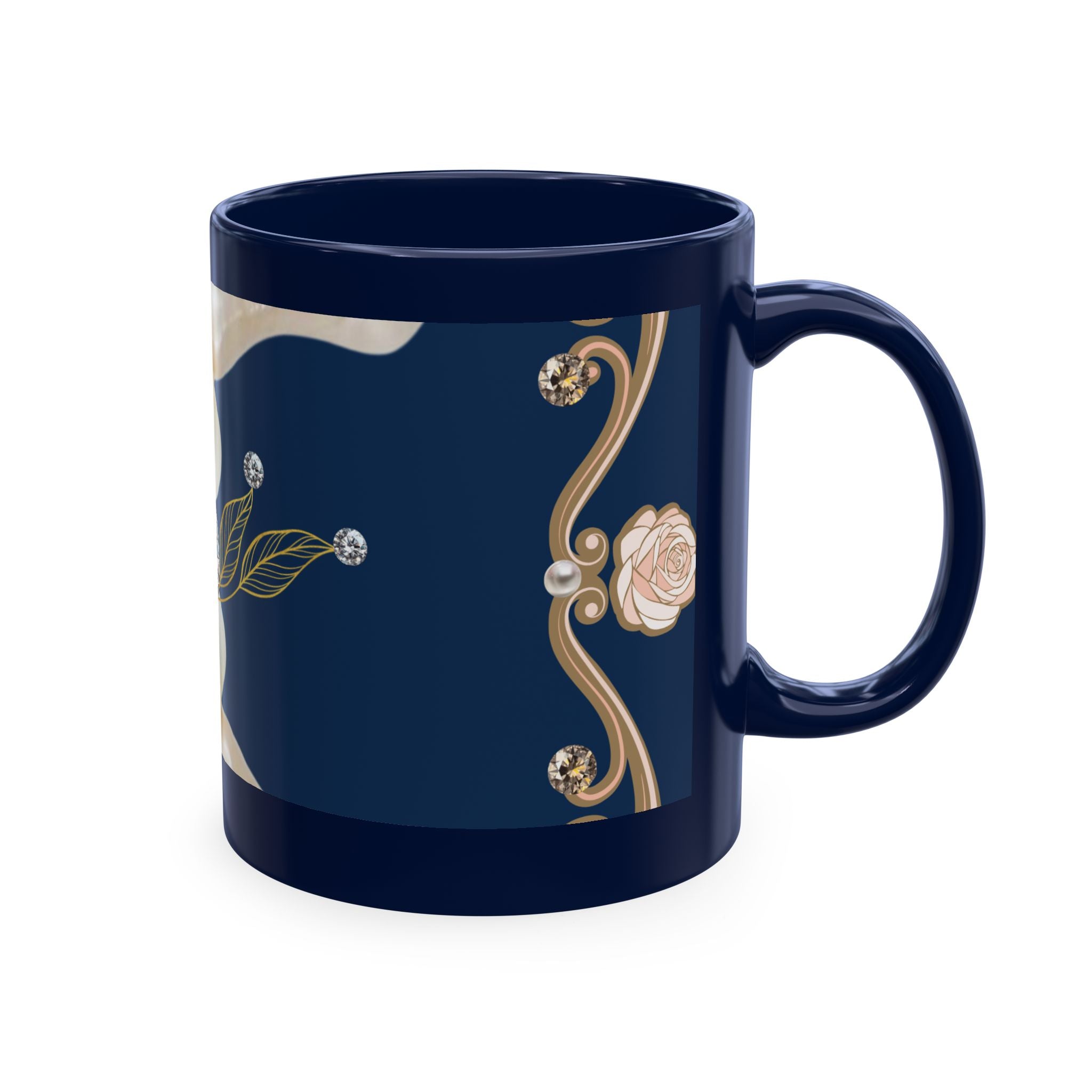 Pearl & Diamond Navy Ceramic Mug — Elegant Vintage Jewelry Design