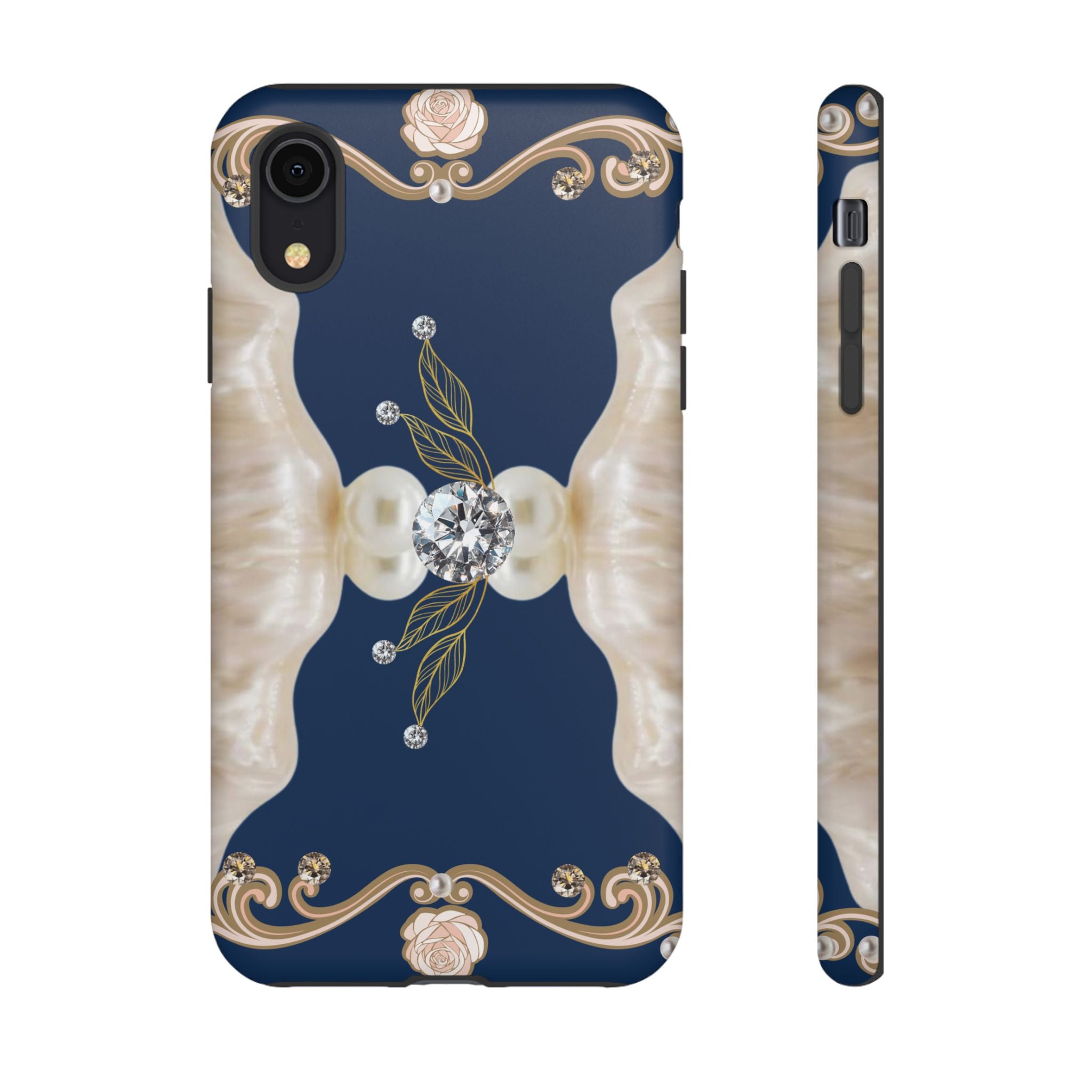 Navy Pearl & Diamond Phone Case — Elegant Floral Baroque Tough Case
