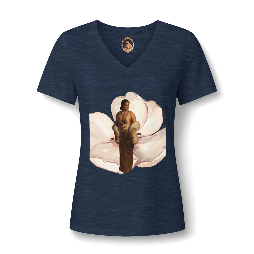 Floral Portrait V‑Neck Tee — Vintage Woman in Magnolia Print