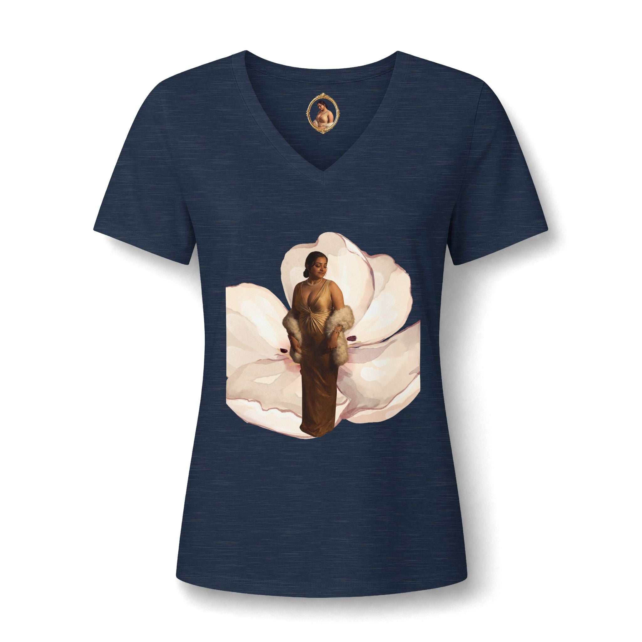 Floral Portrait V‑Neck Tee — Vintage Woman in Magnolia Print