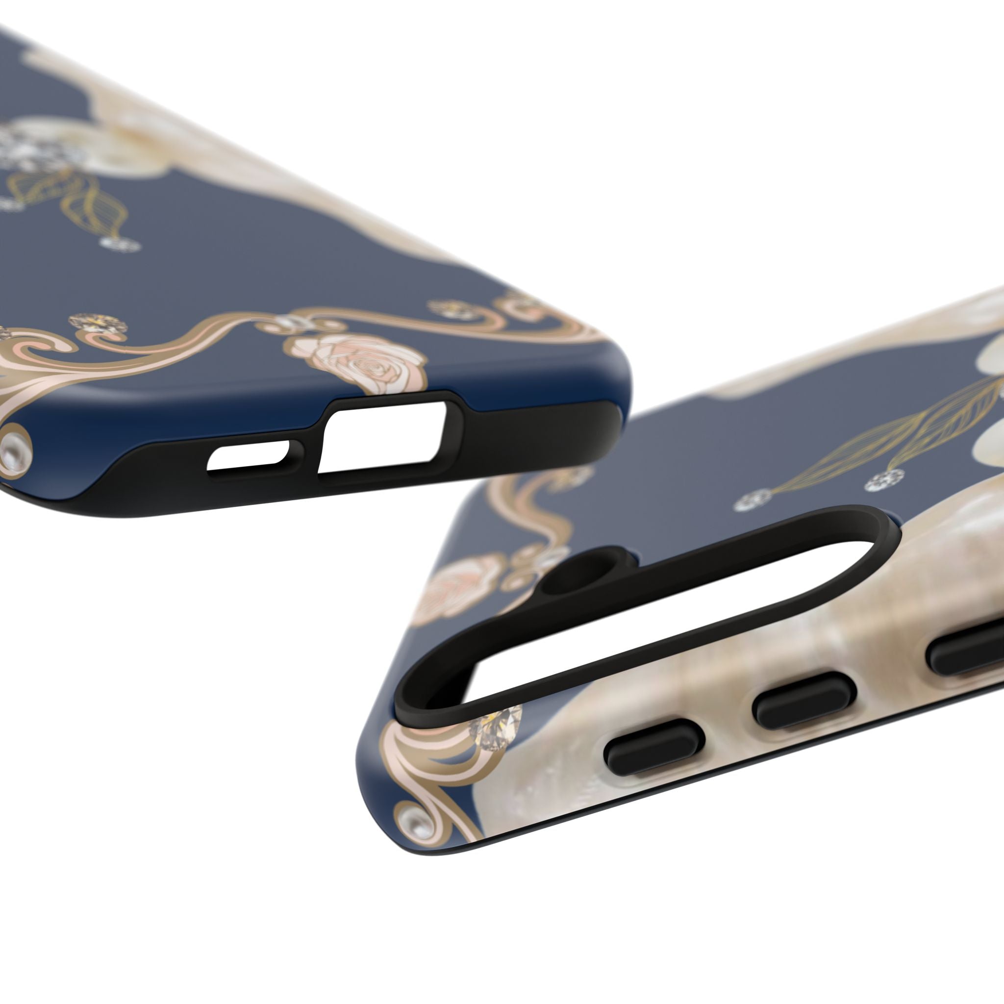 Navy Pearl & Diamond Phone Case — Elegant Floral Baroque Tough Case