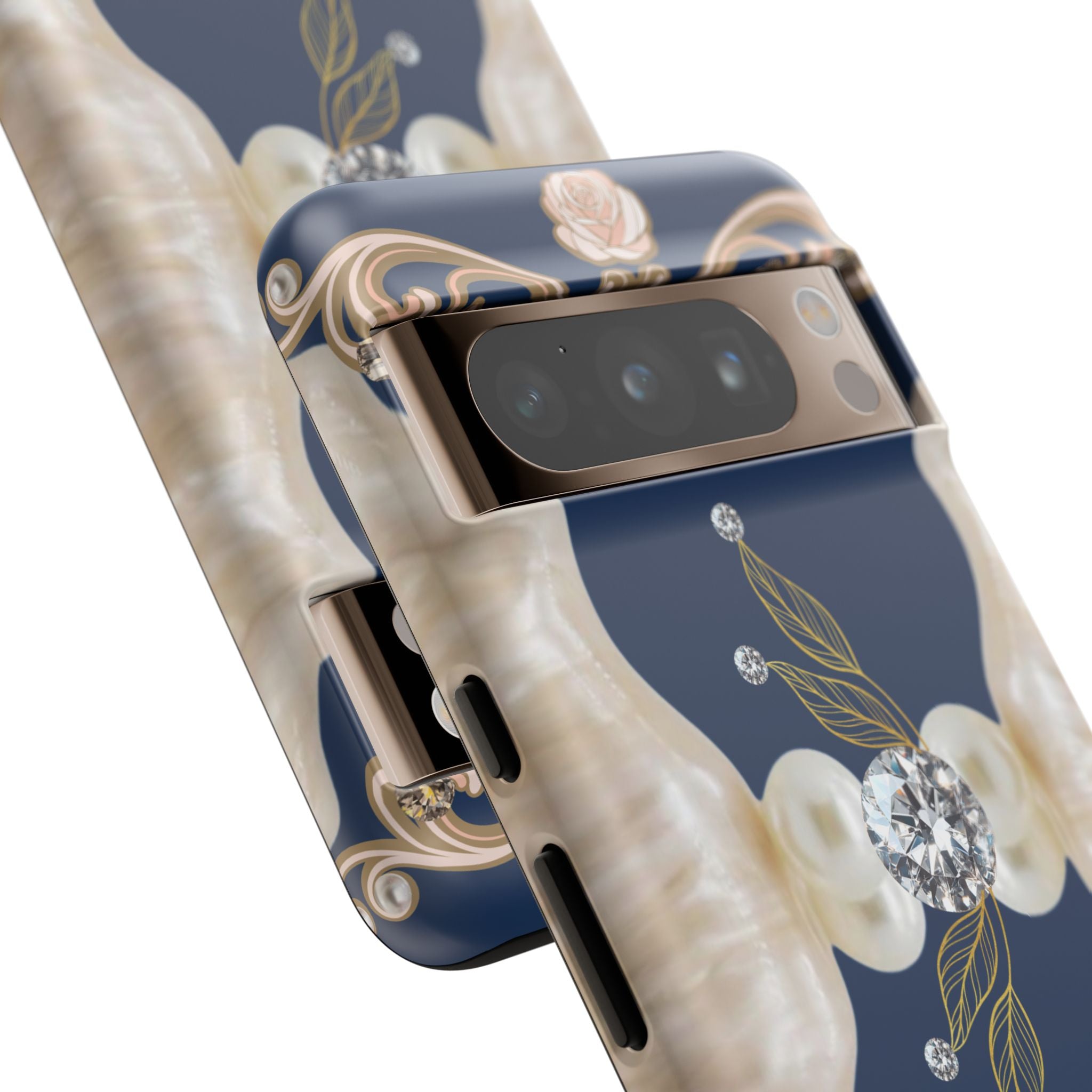 Navy Pearl & Diamond Phone Case — Elegant Floral Baroque Tough Case