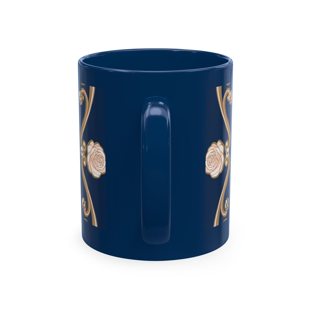 Pearl & Diamond Navy Ceramic Mug — Elegant Vintage Jewelry Design