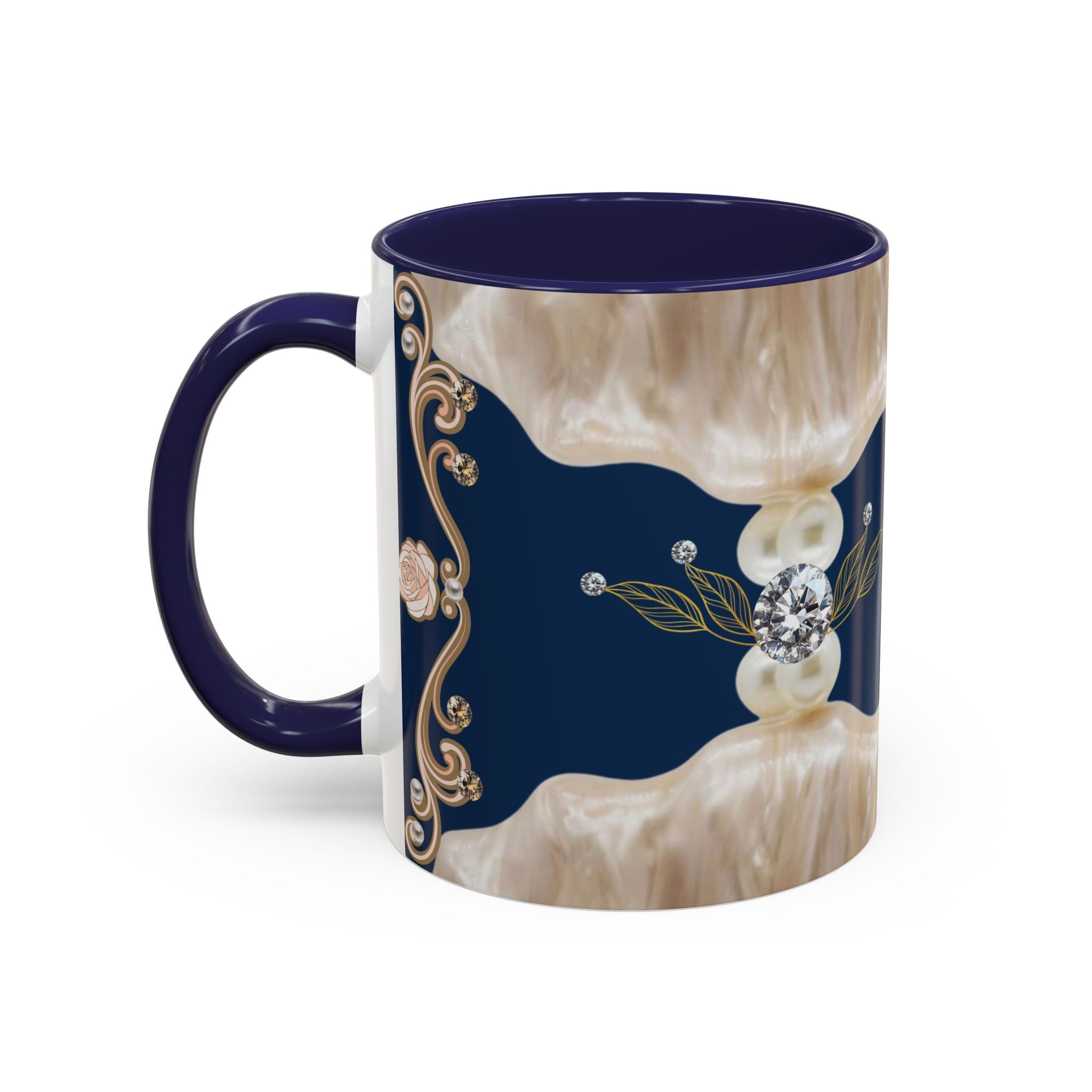 Elegant Navy Pearl Accent Coffee Mug - Vintage Baroque Floral Design (11/15oz)