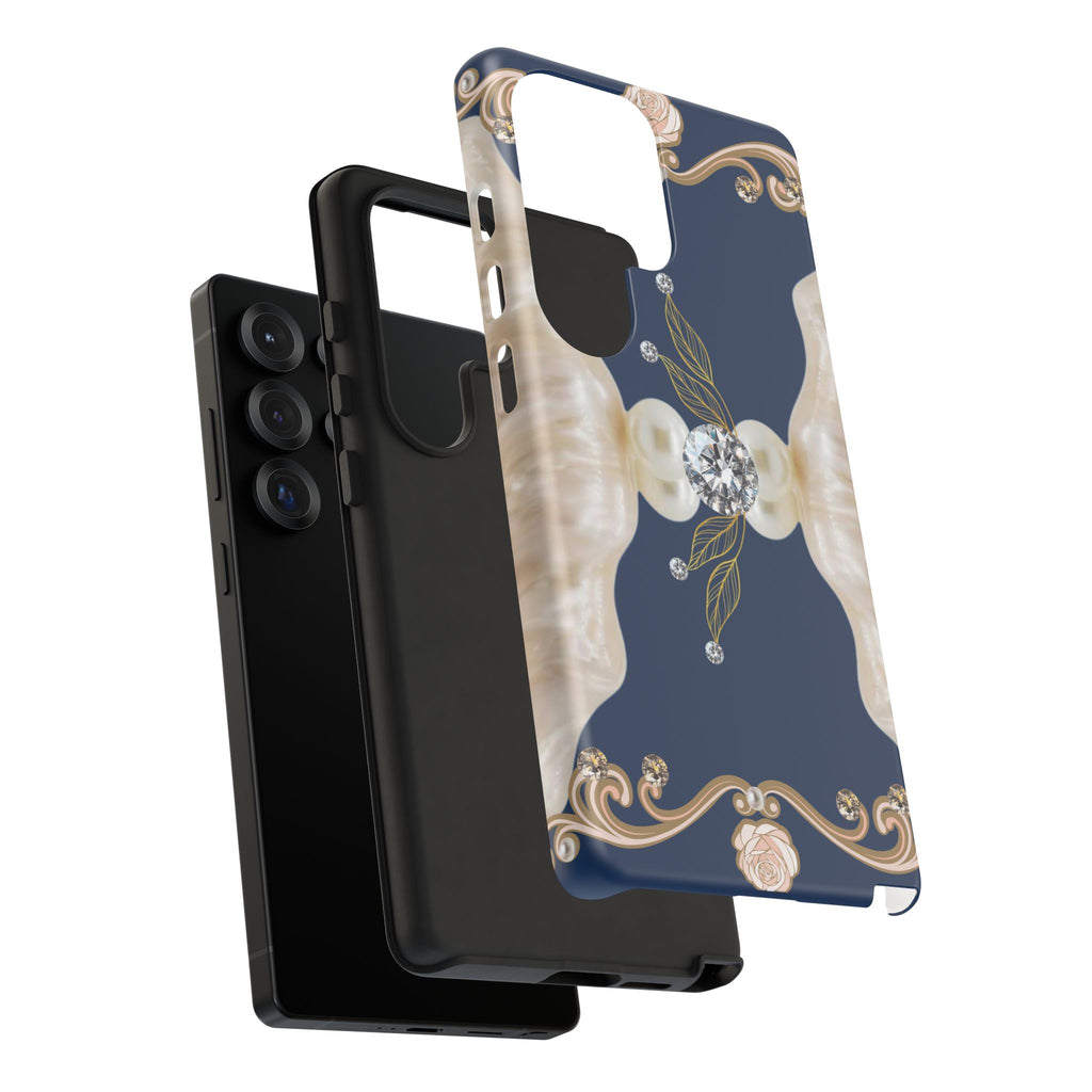Navy Pearl & Diamond Phone Case — Elegant Floral Baroque Tough Case
