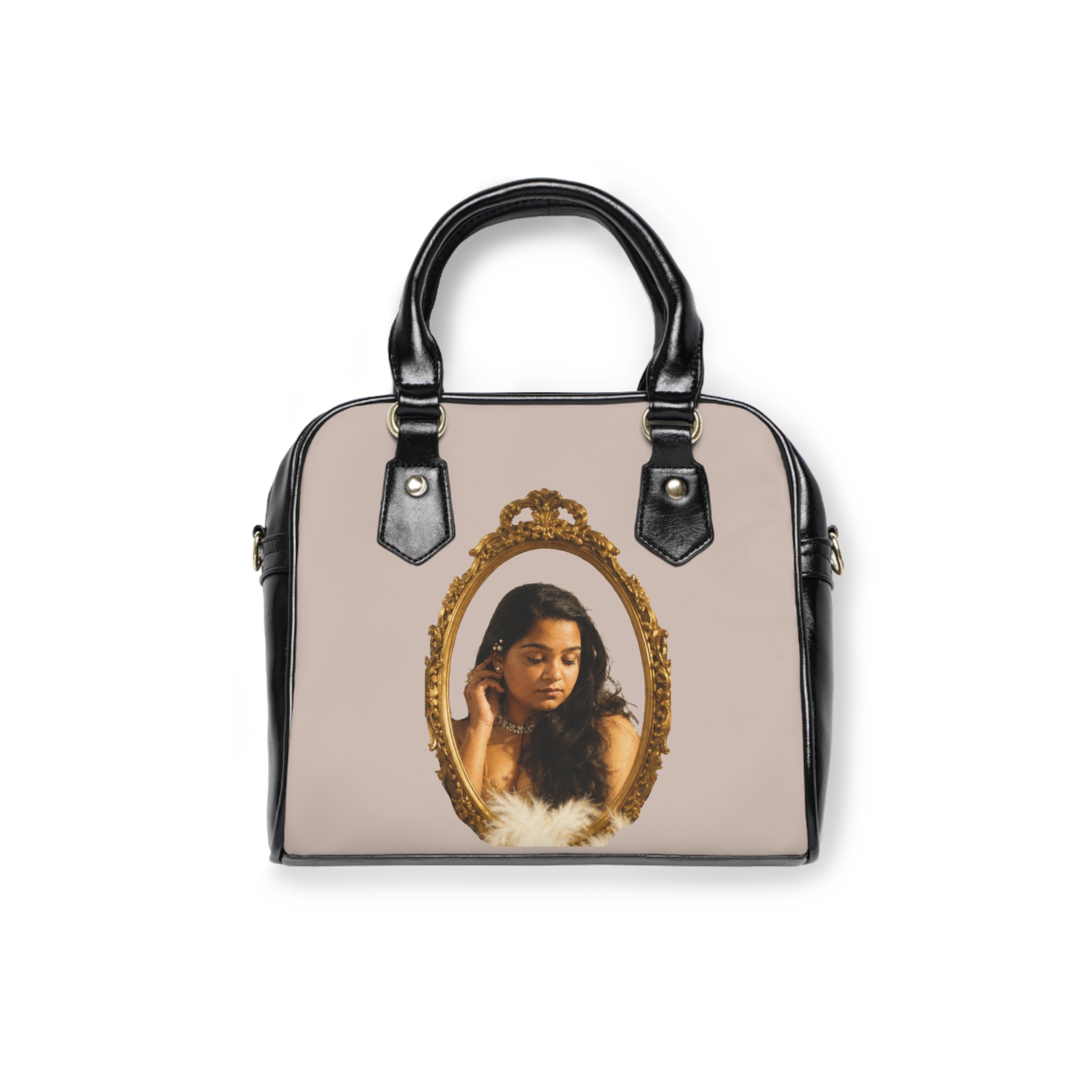Vintage Oval Mirror Photo Shoulder Handbag — Elegant Portrait Print Purse