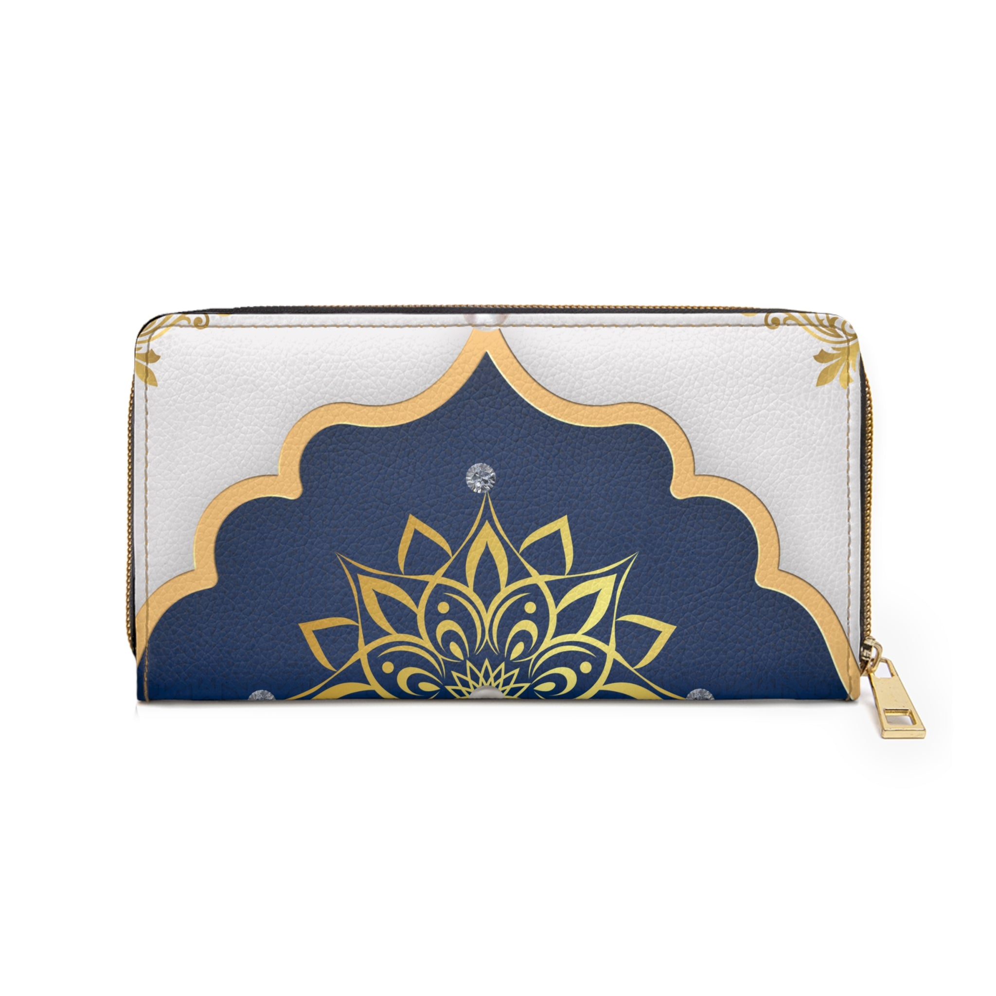 Navy & Gold Mandala Zipper Wallet — Elegant Floral Zip Wallet