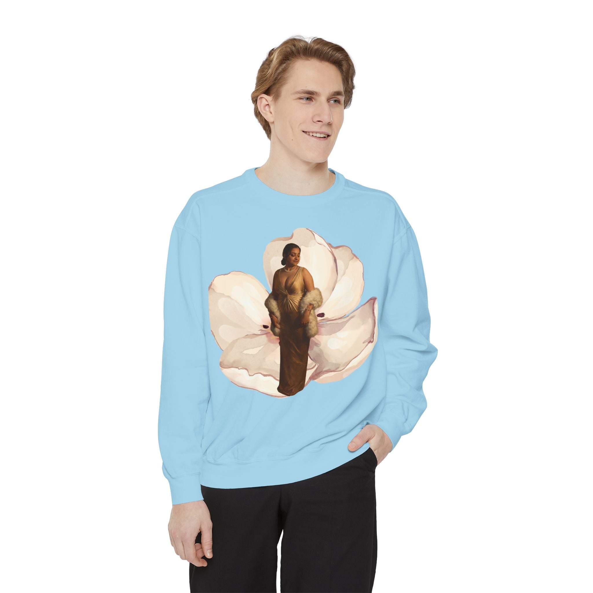 Floral Portrait Sweatshirt — Vintage Gold Frame Art Crewneck