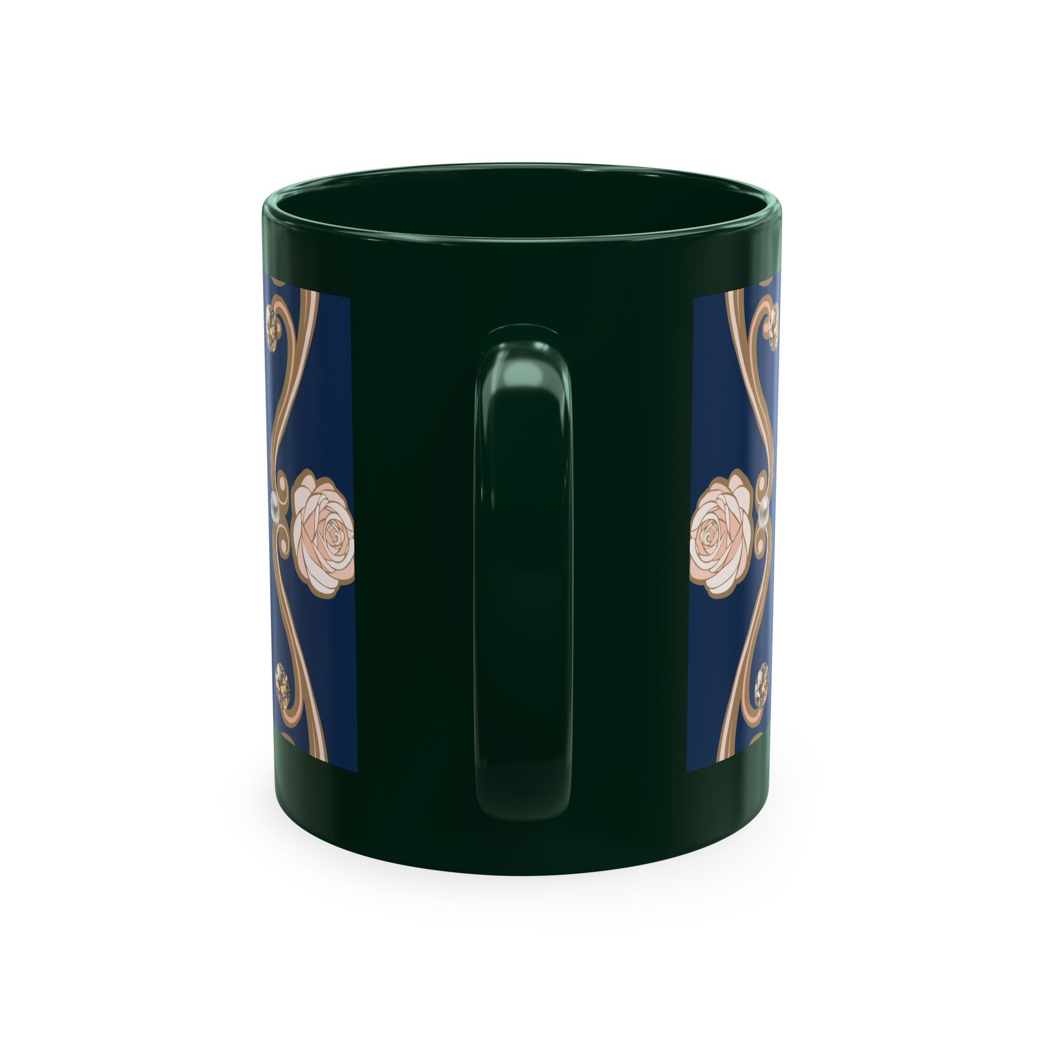 Pearl & Diamond Navy Ceramic Mug — Elegant Vintage Jewelry Design
