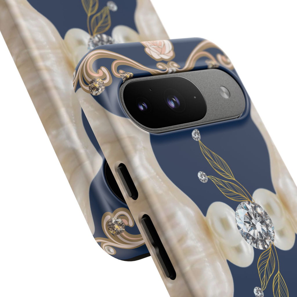 Navy Pearl & Diamond Phone Case — Elegant Floral Baroque Tough Case