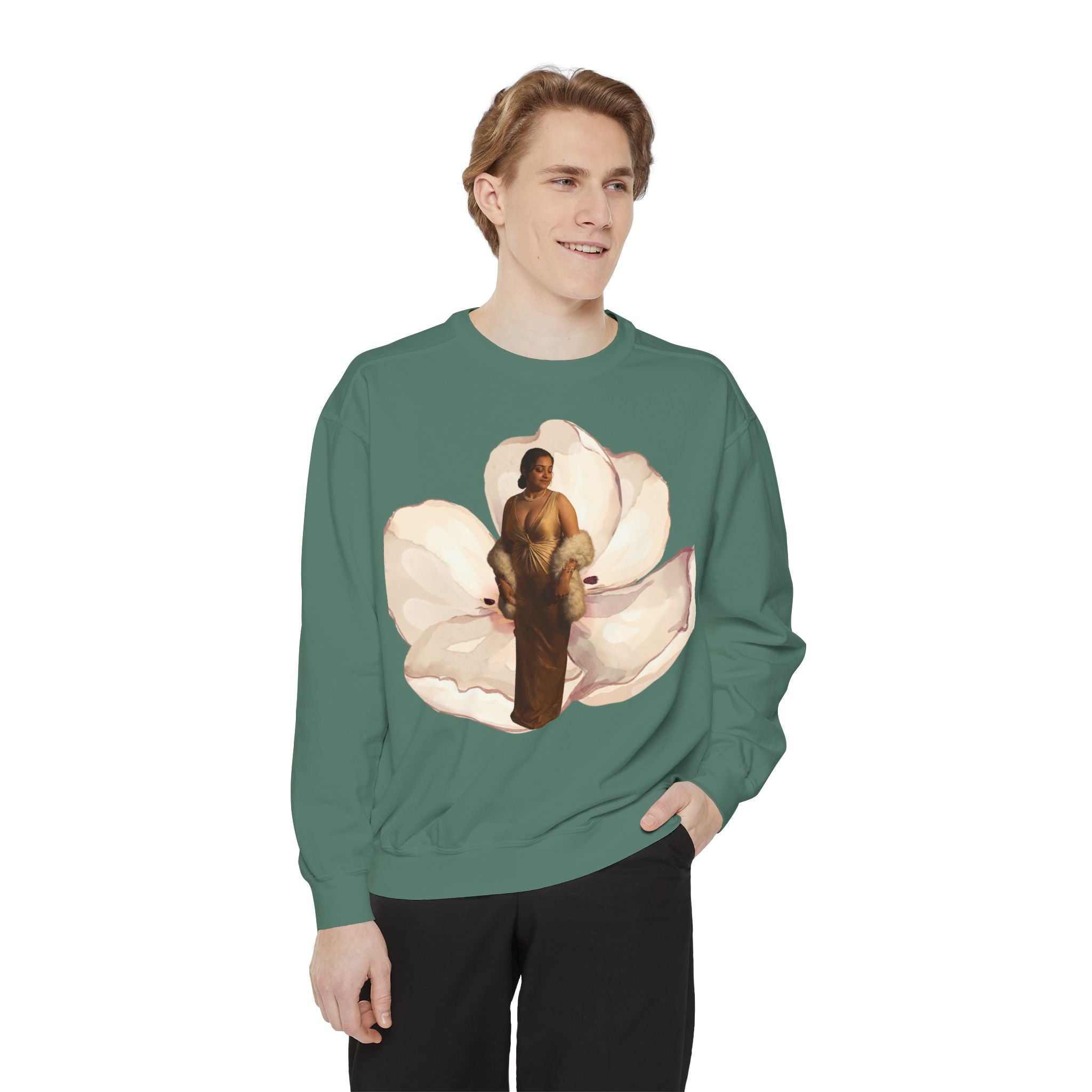 Floral Portrait Sweatshirt — Vintage Gold Frame Art Crewneck