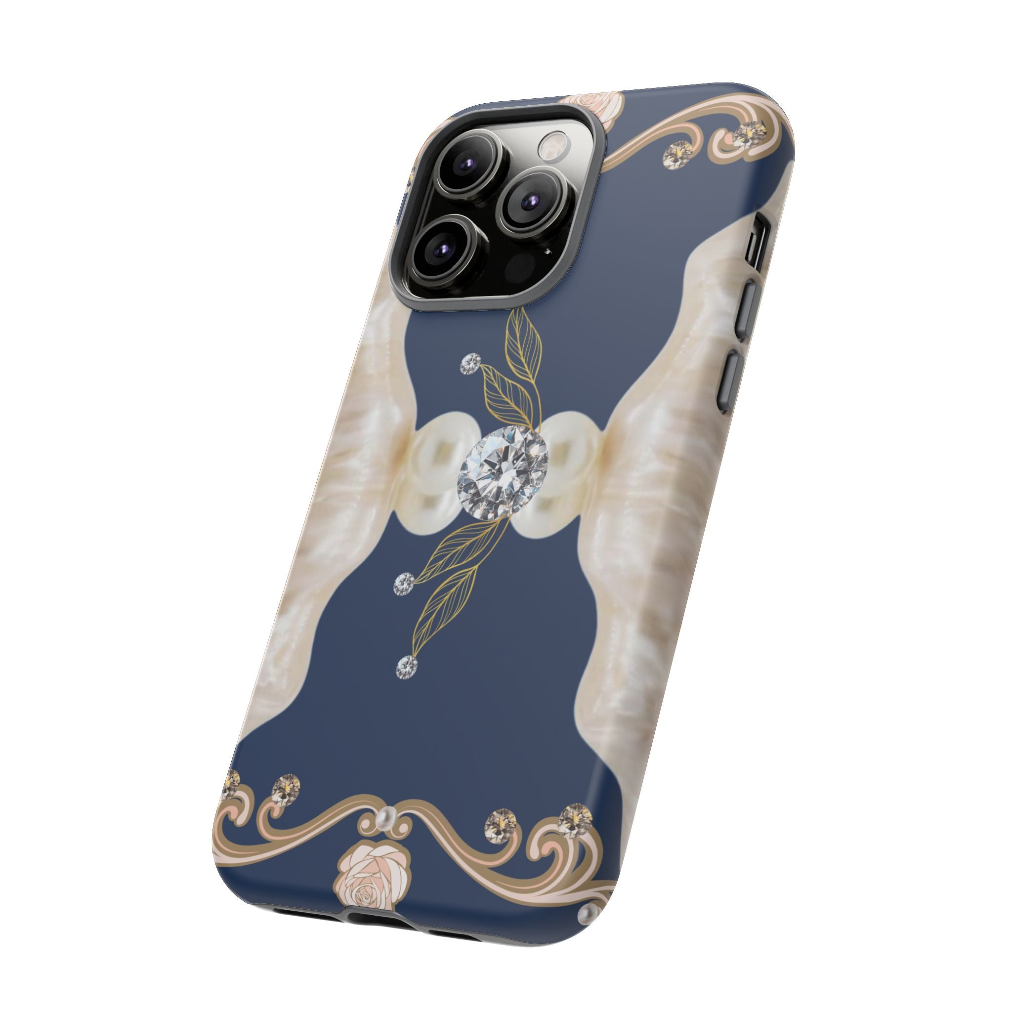 Navy Pearl & Diamond Phone Case — Elegant Floral Baroque Tough Case