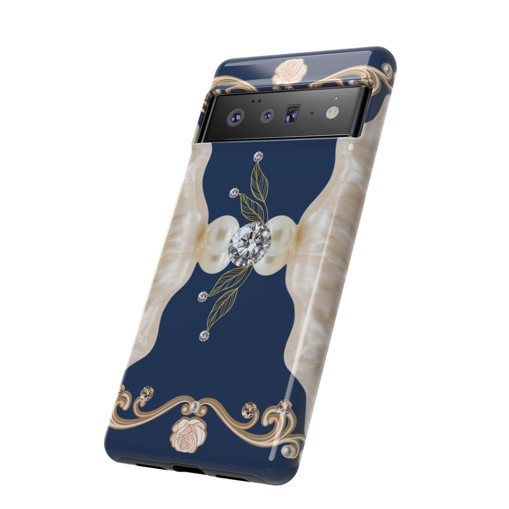 Navy Pearl & Diamond Phone Case — Elegant Floral Baroque Tough Case