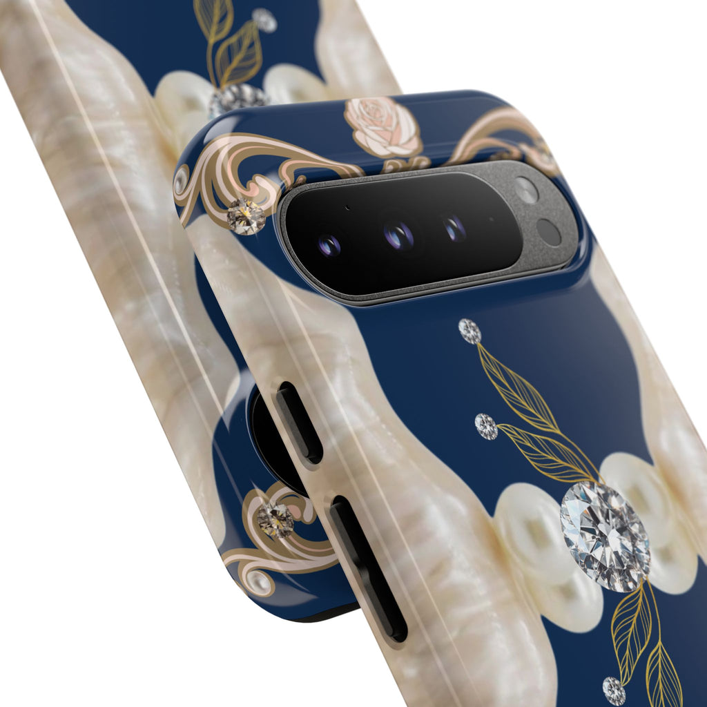 Navy Pearl & Diamond Phone Case — Elegant Floral Baroque Tough Case
