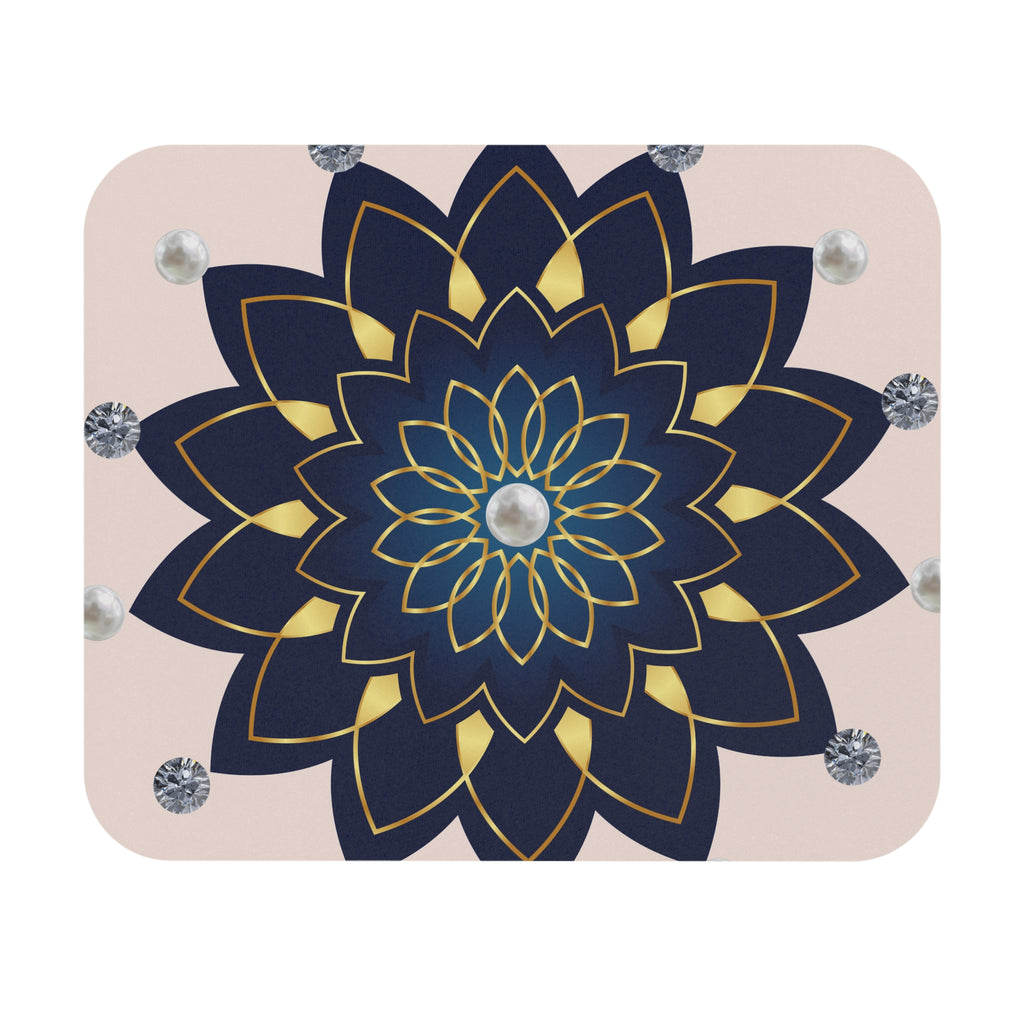 Floral Mandala Mouse Pad — Navy & Gold Pearl Accent Desk Mat