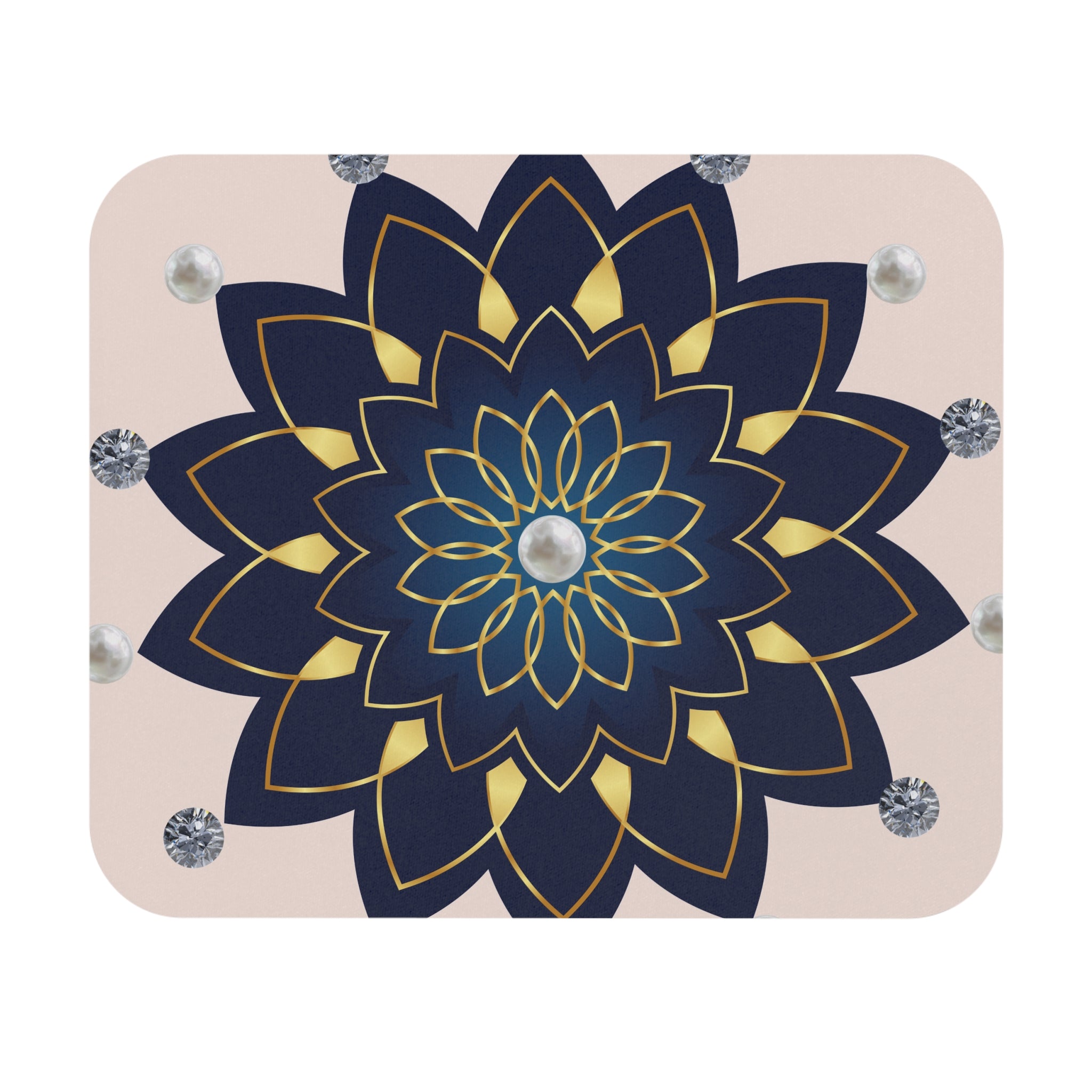 Floral Mandala Mouse Pad — Navy & Gold Pearl Accent Desk Mat