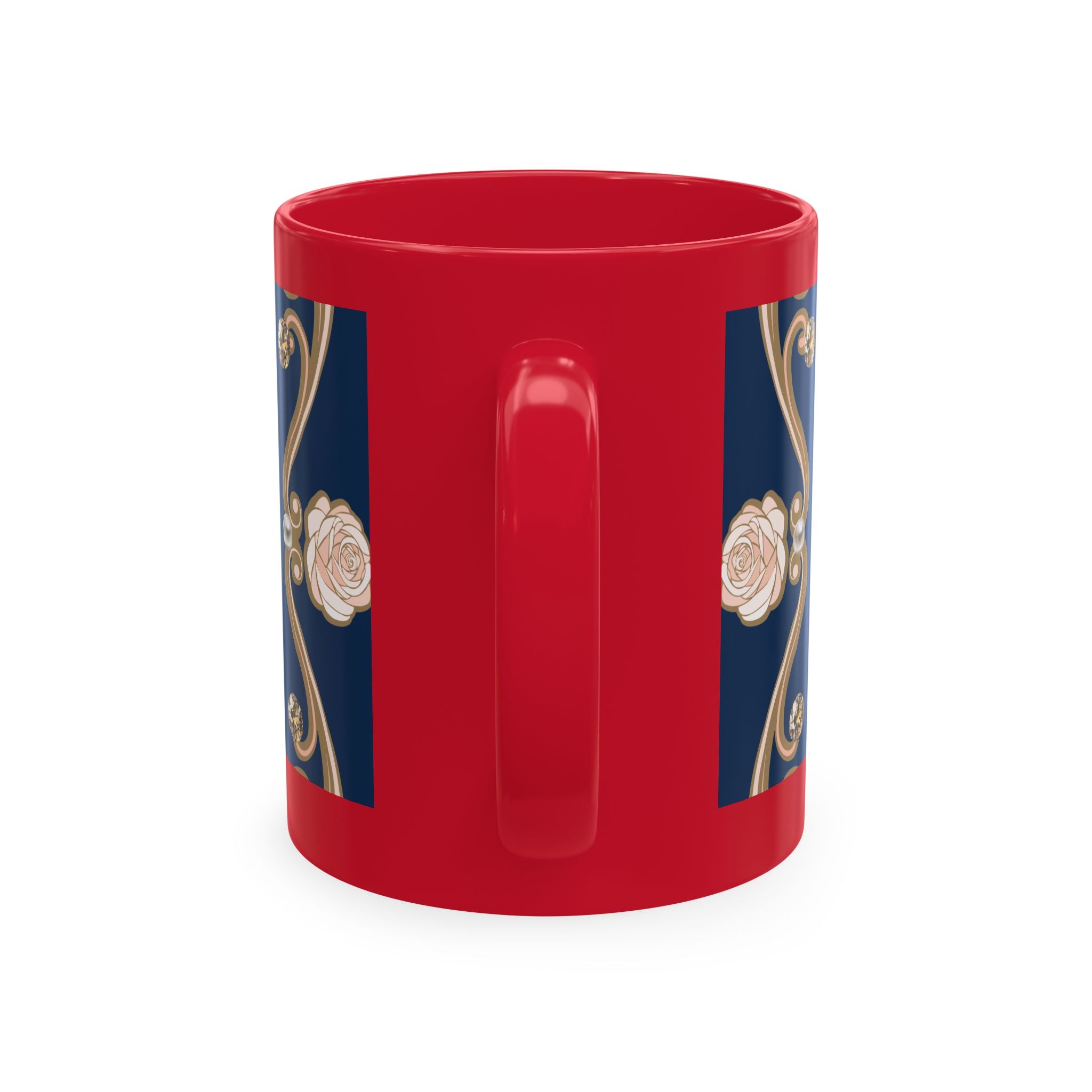 Pearl & Diamond Navy Ceramic Mug — Elegant Vintage Jewelry Design
