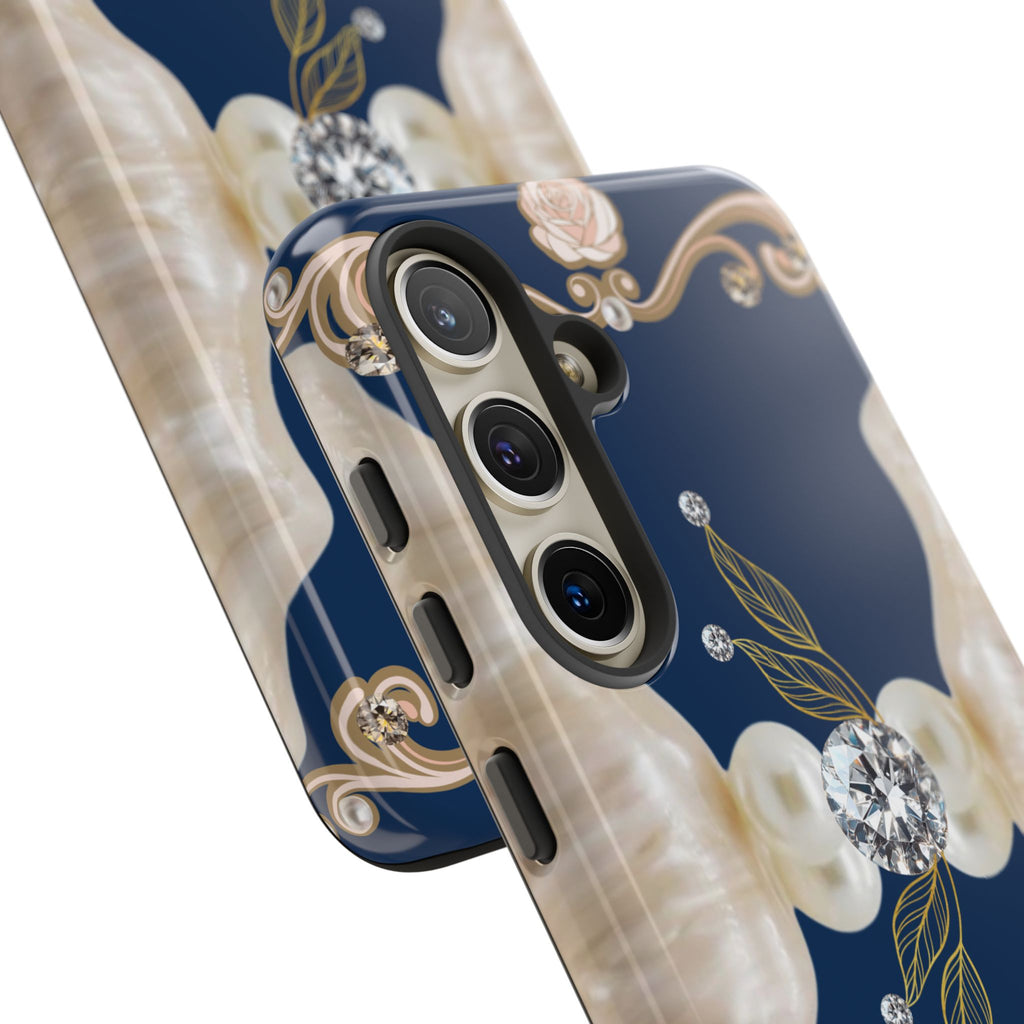 Navy Pearl & Diamond Phone Case — Elegant Floral Baroque Tough Case