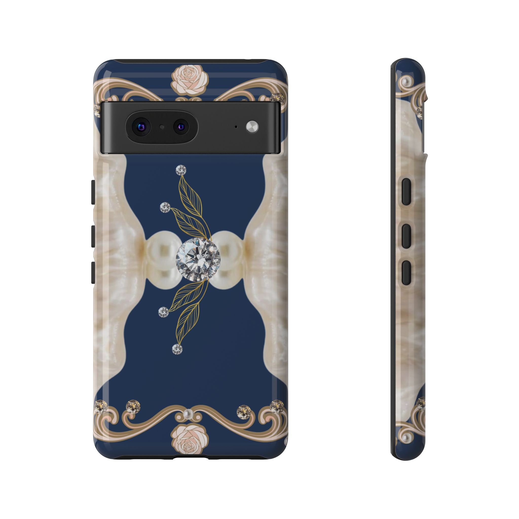 Navy Pearl & Diamond Phone Case — Elegant Floral Baroque Tough Case