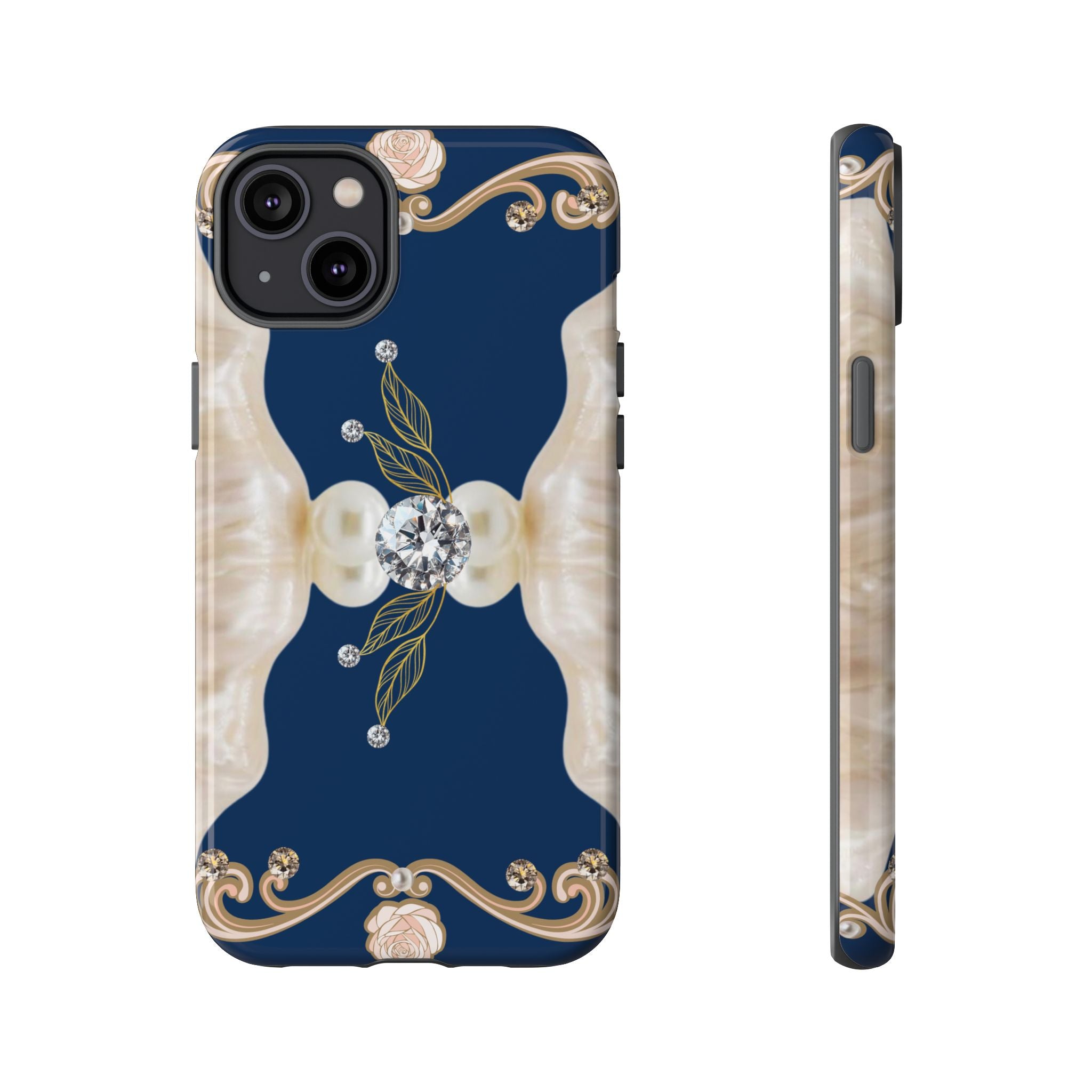 Navy Pearl & Diamond Phone Case — Elegant Floral Baroque Tough Case