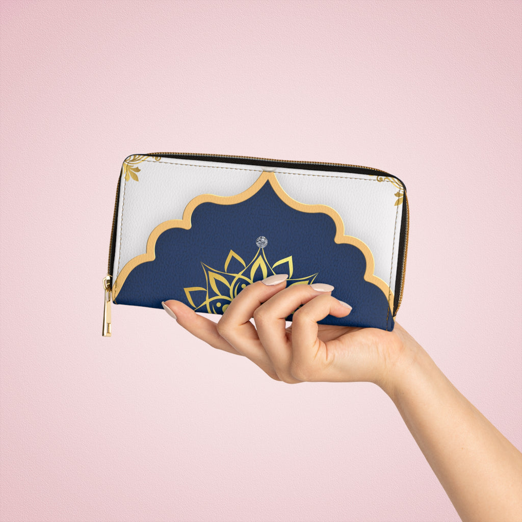 Navy & Gold Mandala Zipper Wallet — Elegant Floral Zip Wallet